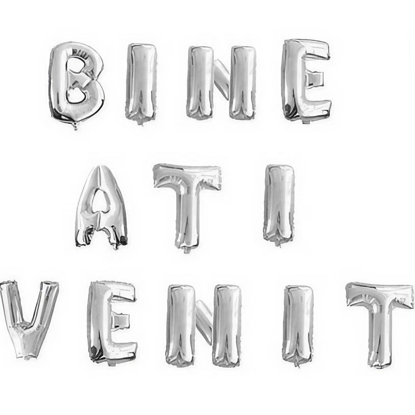 Seturi Baloane Folie - Set Baloane din Folie Metalizata, Flippy, Figurine Litere, Model Bine Ati Venit, Tema Aniversare, 40 cm, Ambalaj Individual, Pai inclus, Umflare cu Aer sau Heliu, Argintiu