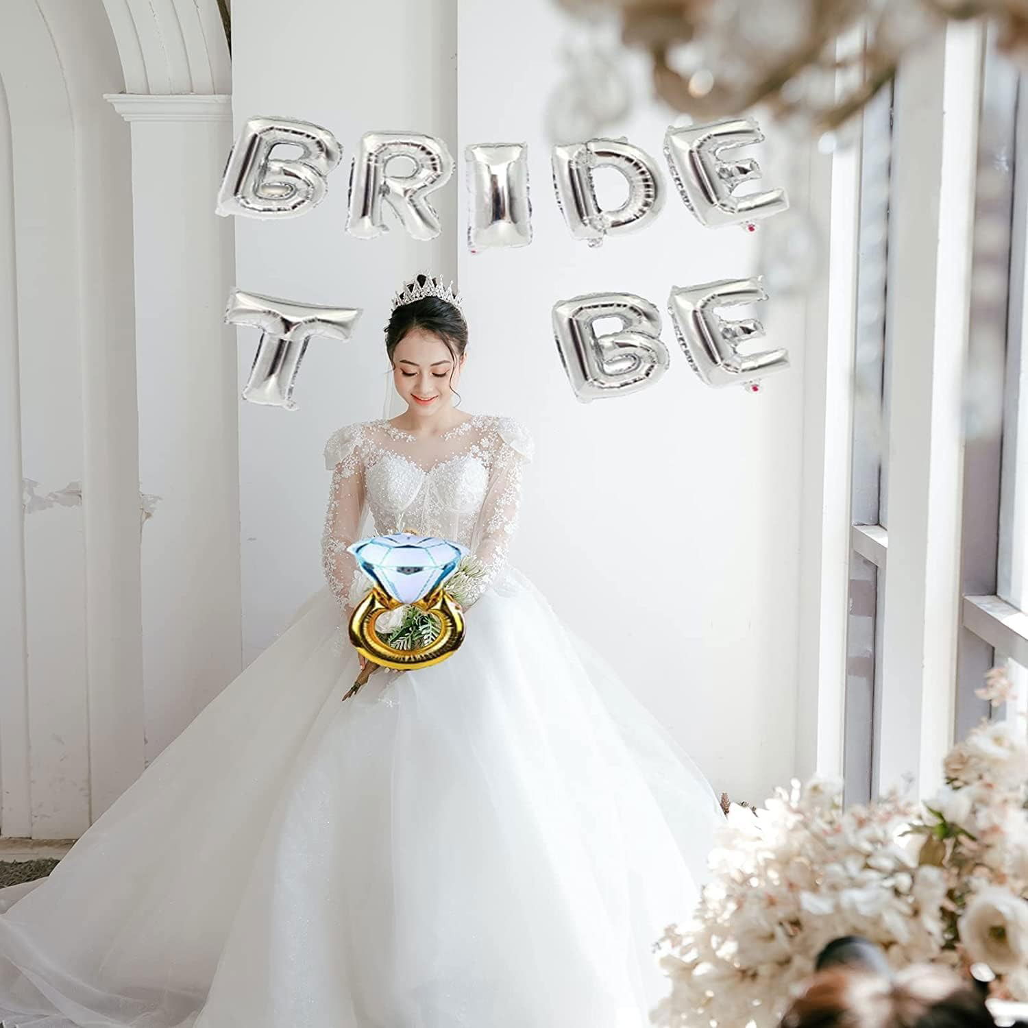 Set Baloane din Folie Metalizata, Flippy, Model Bride to Be cu Inel de Logodna, Litere de 40 cm, Baloane Party, Ambalaj Individual, Pai Inclus, Umflare cu Aer sau Heliu, Argintiu [7]