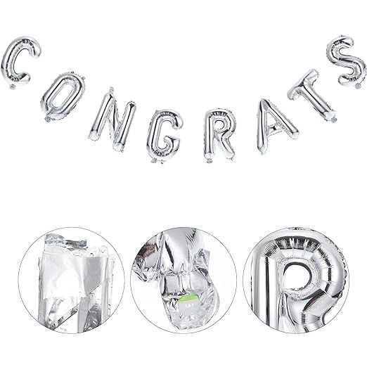 Set Baloane din Folie Metalizată, Flippy, Model Congrats, Litere de 40 cm, Baloane Absolvire, Ambalaj Individual, Pai inclus, Umflare cu Aer sau Heliu, Argintiu [3]