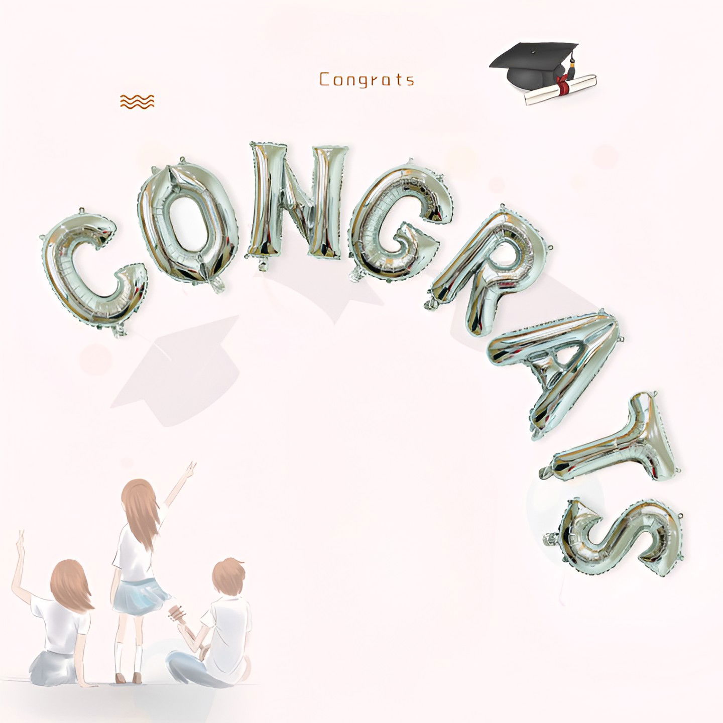 Seturi Baloane Folie - Set Baloane din Folie Metalizată, Flippy, Model Congrats, Litere de 40 cm, Baloane Absolvire, Ambalaj Individual, Pai inclus, Umflare cu Aer sau Heliu, Argintiu