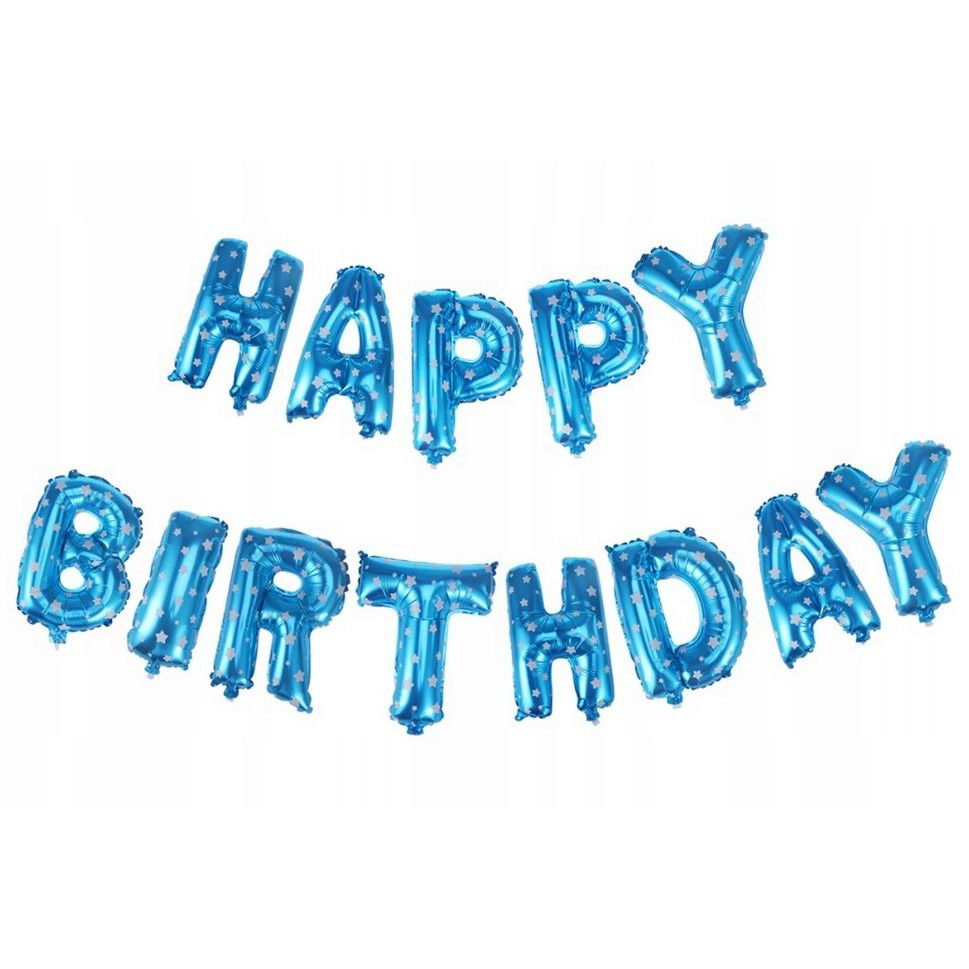 Seturi Baloane Folie - Set Baloane din Folie Metalizata, Flippy, Model Happy Birthday, Litere de 40 cm, Baloane Party, Ambalaj Individual, Pai, Ata si Adeziv Incluse, Umflare cu Aer sau Heliu, Albastru