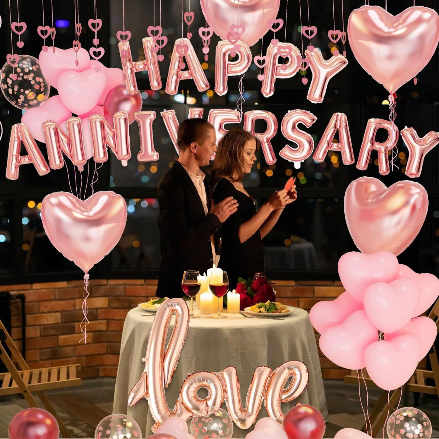 Set Baloane din Folie Metalizata, Flippy, Model Happy Anniversary, Litere de 40 cm, Baloane Party, Ambalaj Individual, Pai Inclus, Umflare cu Aer sau Heliu, Roz [12]