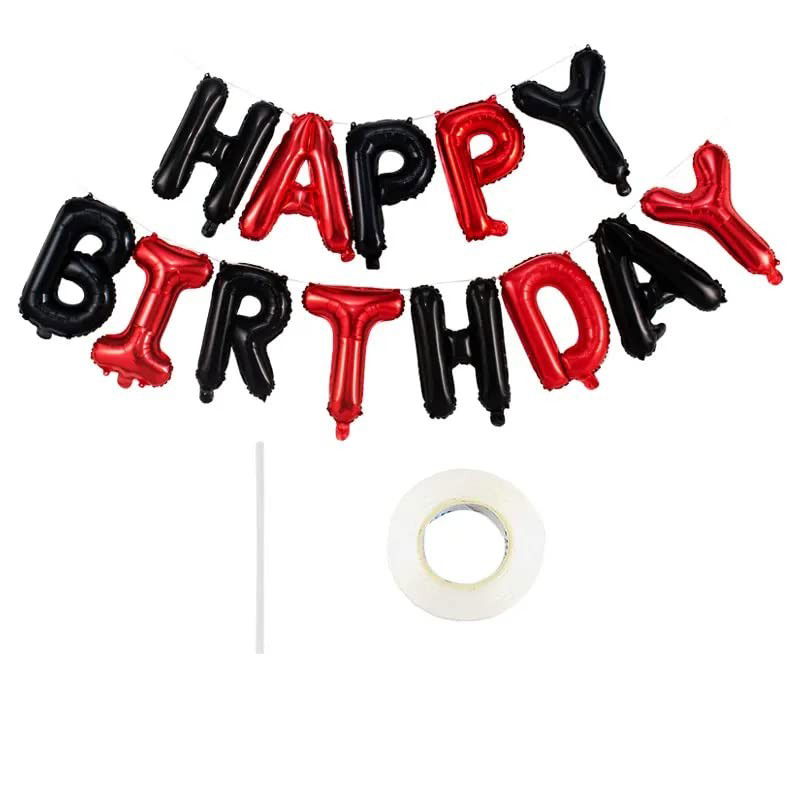 Seturi Baloane Folie - Set Baloane din Folie Metalizata, Flippy, Model Happy Birthday, Litere de 40 cm, Baloane Party, Ambalaj Individual, Pai, Ata si Adeziv Incluse, Umflare cu Aer sau Heliu, Rosu-Negru