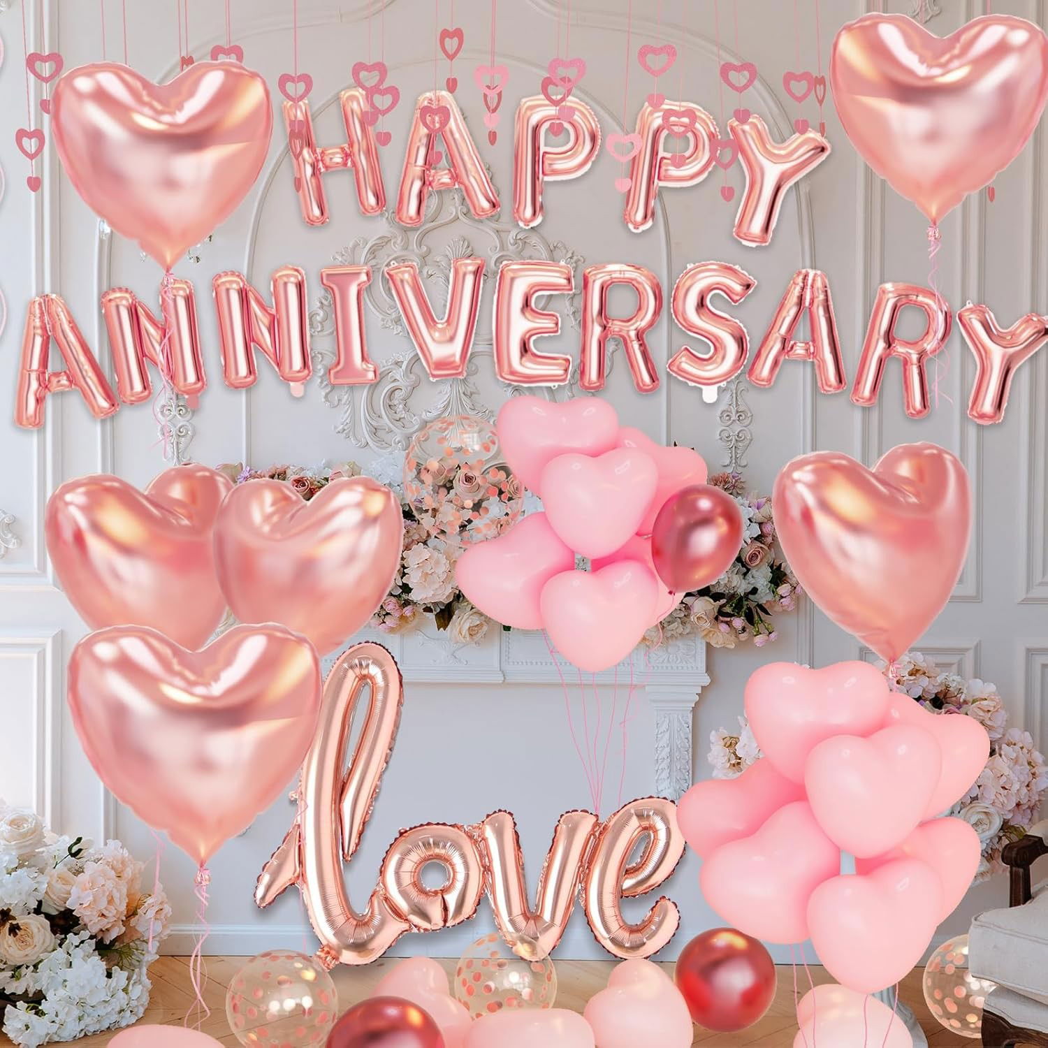 Set Baloane din Folie Metalizata, Flippy, Model Happy Anniversary, Litere de 40 cm, Baloane Party, Ambalaj Individual, Pai Inclus, Umflare cu Aer sau Heliu, Roz [10]