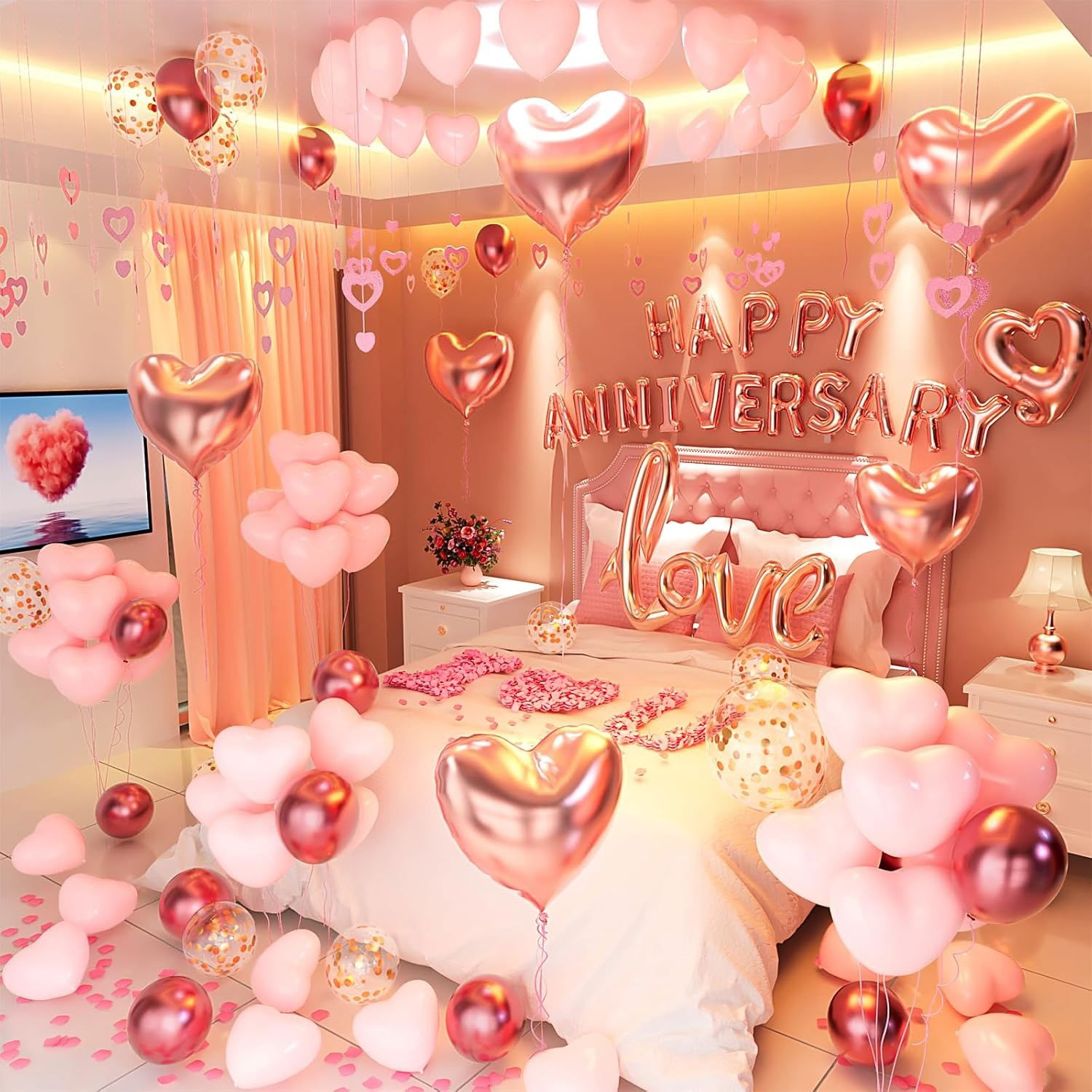 Set Baloane din Folie Metalizata, Flippy, Model Happy Anniversary, Litere de 40 cm, Baloane Party, Ambalaj Individual, Pai Inclus, Umflare cu Aer sau Heliu, Roz [13]