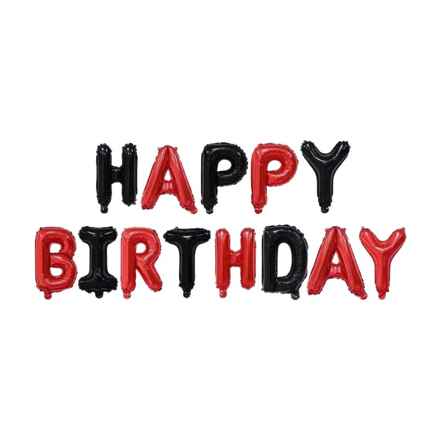 Seturi Baloane Folie - Set Baloane din Folie Metalizata, Flippy, Model Happy Birthday, Litere de 40 cm, Baloane Party, Ambalaj Individual, Pai, Ata si Adeziv Incluse, Umflare cu Aer sau Heliu, Rosu-Negru