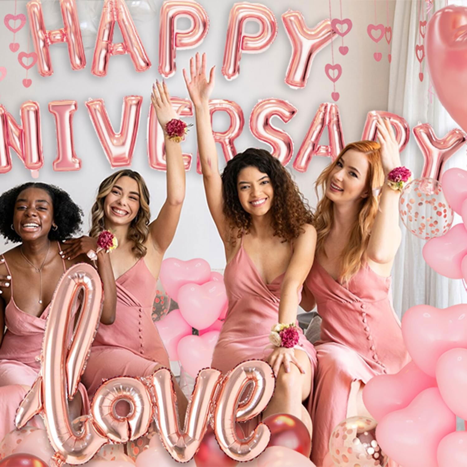 Set Baloane din Folie Metalizata, Flippy, Model Happy Anniversary, Litere de 40 cm, Baloane Party, Ambalaj Individual, Pai Inclus, Umflare cu Aer sau Heliu, Roz [9]