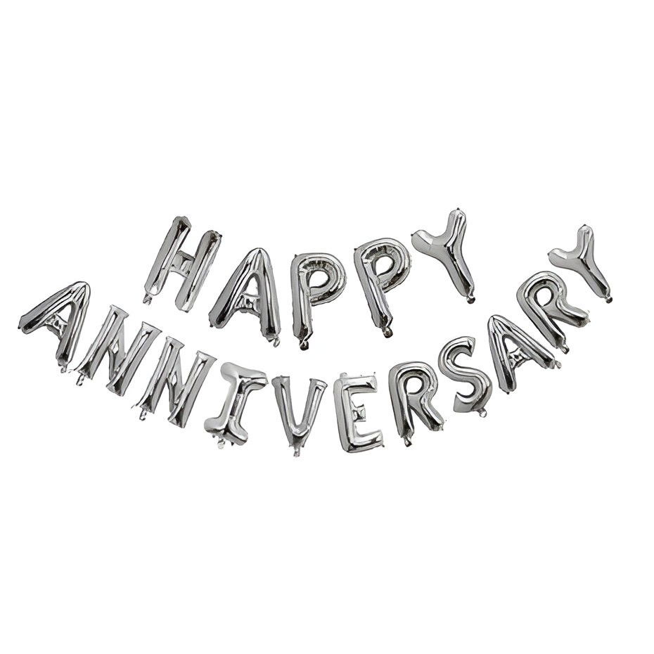 Seturi Baloane Folie - Set Baloane din Folie Metalizată, Flippy, Model Happy Anniversary, Litere de 40 cm, Baloane Party, Ambalaj Individual, Pai inclus, Umflare cu Aer sau Heliu, Argintiu