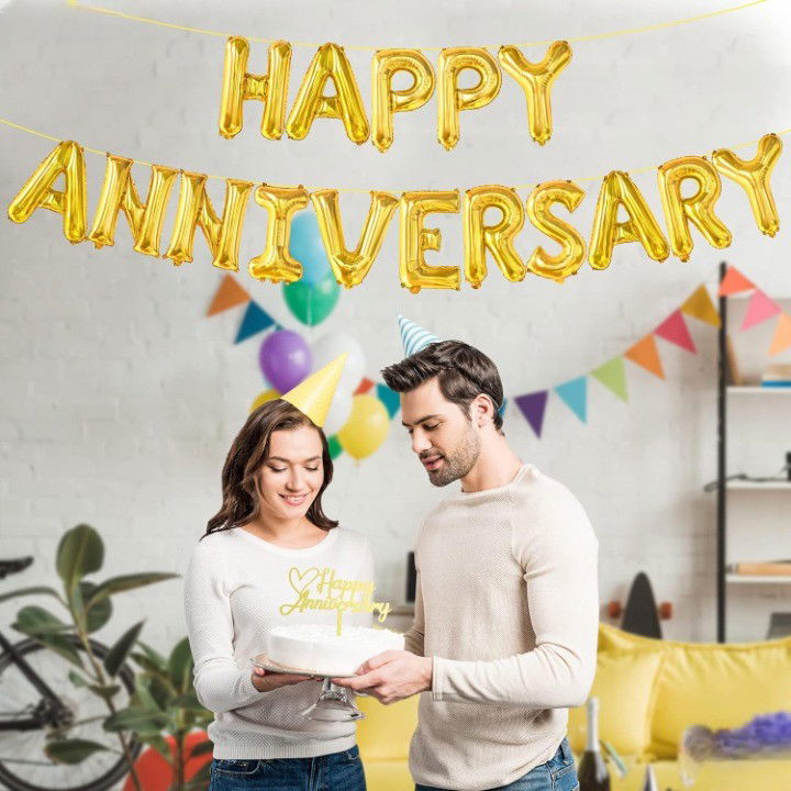 Set Baloane din Folie Metalizata, Flippy, Model Happy Anniversary, Litere de 40 cm, Baloane Party, Ambalaj Individual, Pai Inclus, Umflare cu Aer sau Heliu, Auriu [5]