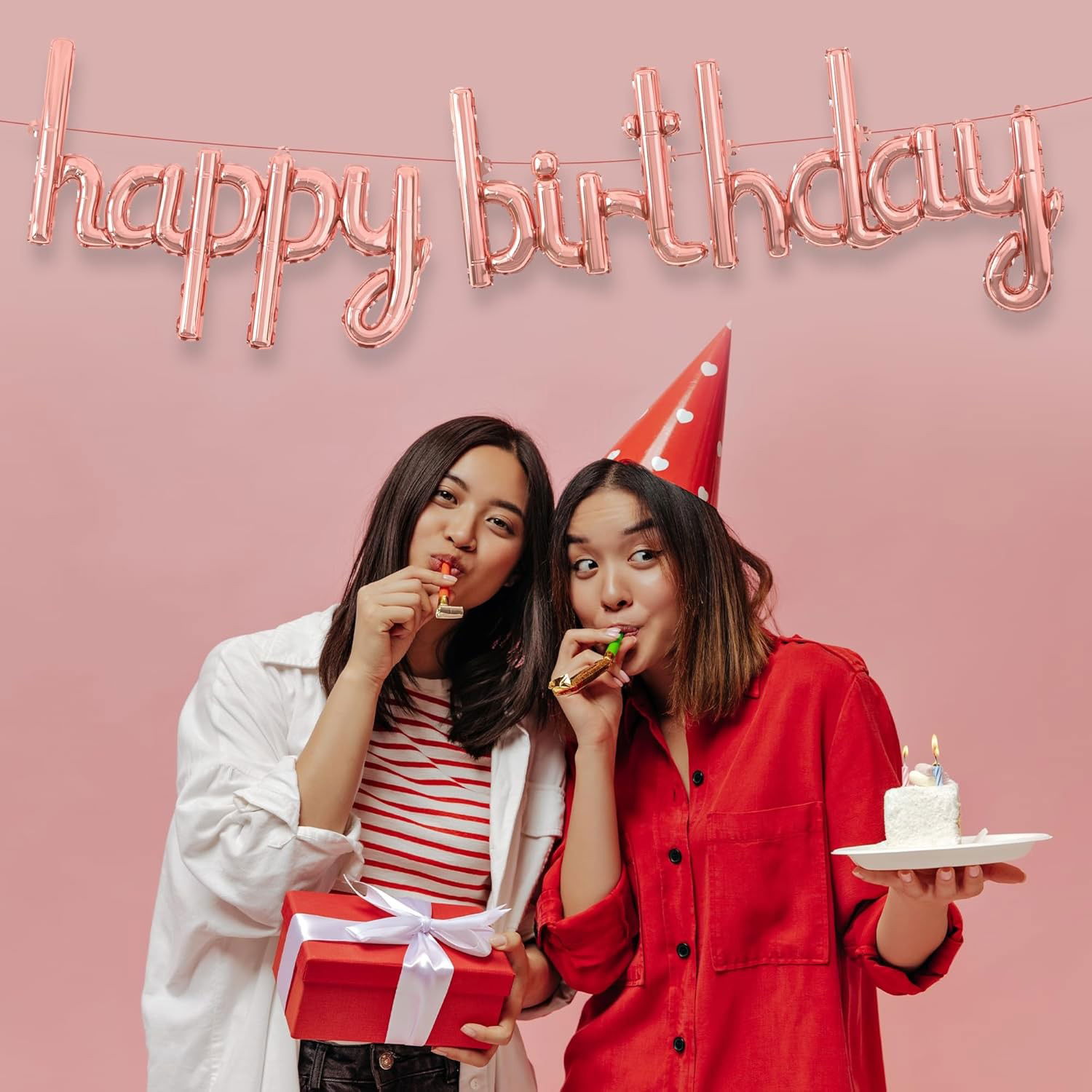 Set Baloane din Folie Metalizata, Flippy, Model Happy Birthday, 45x85 cm, 45x124cm, Baloane Party, Ambalaj Individual, Pai Inclus, Umflare cu Aer sau Heliu, Roz Pal [3]