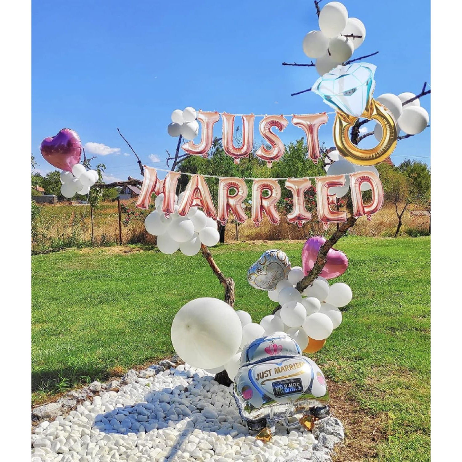 Set Baloane din Folie Metalizata, Flippy, Model Just Married, Litere de 40 cm, Baloane Party, Ambalaj Individual, Pai, Ata si Adeziv Incluse, Umflare cu Aer sau Heliu, Roz [6]