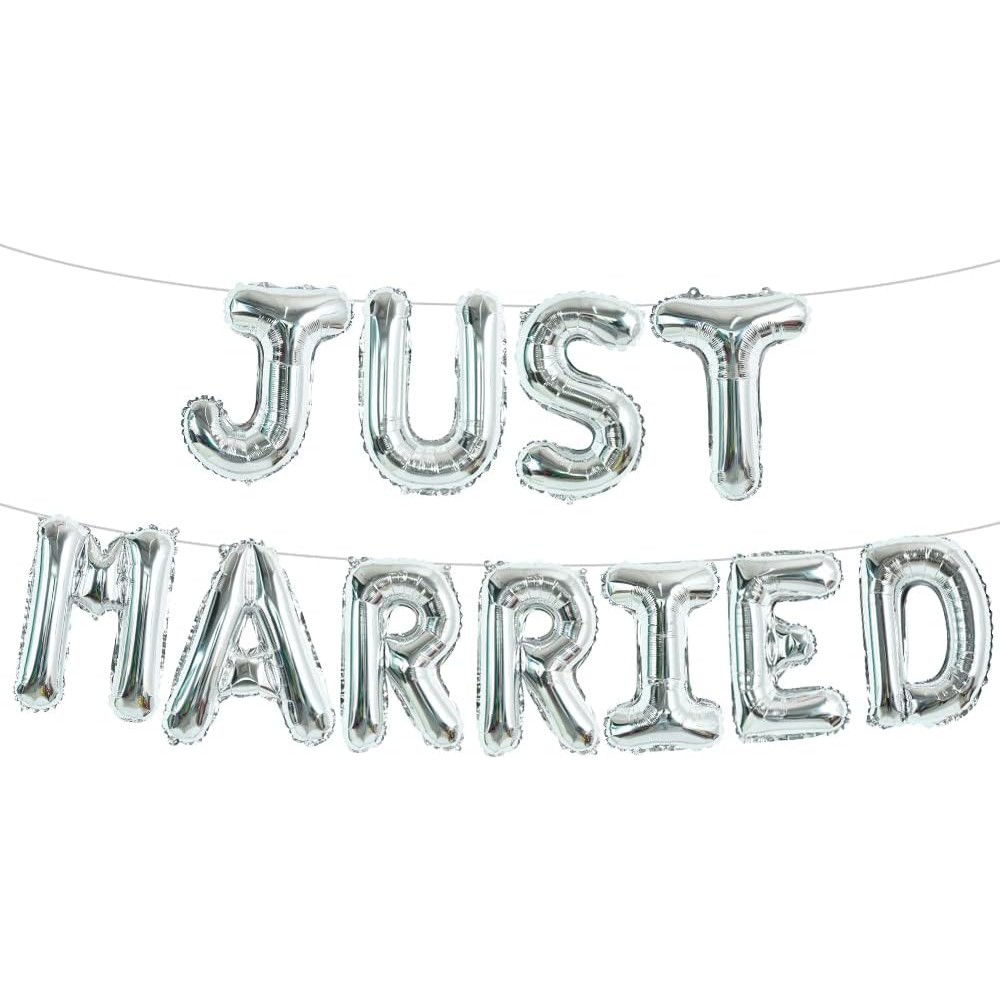 Set Baloane din Folie Metalizata, Flippy, Model Just Married, Litere de 40 cm, Baloane Party, Ambalaj Individual, Pai, Ata si Adeziv Incluse, Umflare cu Aer sau Heliu, Argintiu [8]