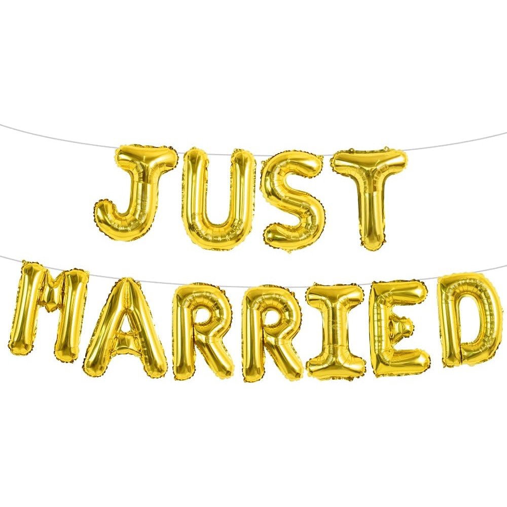 Set Baloane din Folie Metalizata, Flippy, Model Just Married, Litere de 40 cm, Baloane Party, Ambalaj Individual, Pai, Ata si Adeziv Incluse, Umflare cu Aer sau Heliu, Auriu [6]