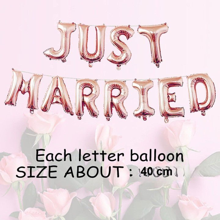 Tematica Nunta - Set Baloane din Folie Metalizata, Flippy, Model Just Married, Litere de 40 cm, Baloane Party, Ambalaj Individual, Pai, Ata si Adeziv Incluse, Umflare cu Aer sau Heliu, Roz