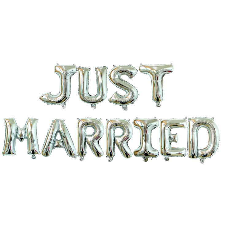 Tematica Nunta - Set Baloane din Folie Metalizata, Flippy, Model Just Married, Litere de 40 cm, Baloane Party, Ambalaj Individual, Pai, Ata si Adeziv Incluse, Umflare cu Aer sau Heliu, Argintiu