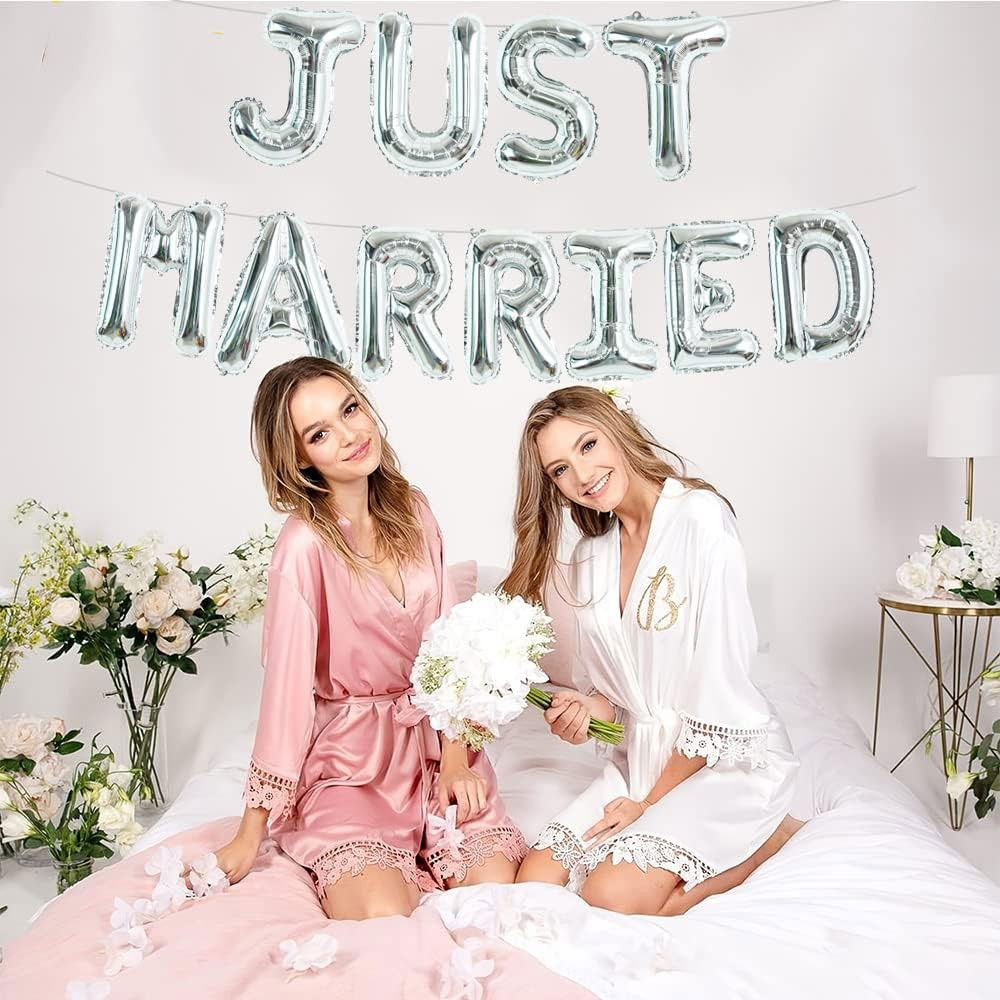 Set Baloane din Folie Metalizata, Flippy, Model Just Married, Litere de 40 cm, Baloane Party, Ambalaj Individual, Pai, Ata si Adeziv Incluse, Umflare cu Aer sau Heliu, Argintiu [4]