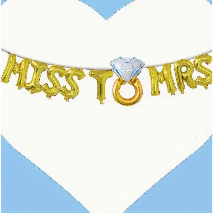 Tematica Nunta - Set Baloane din Folie Metalizata, Flippy, Model Miss to Mrs cu Inel de Logodna, Litere de 40 cm, Tema Iubire, Baloane Party, Ambalaj Individual, Pai Inclus, Umflare cu Aer sau Heliu, Auriu