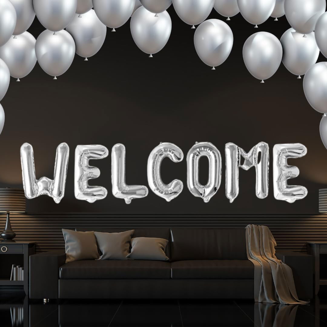Set Baloane din Folie Metalizata, Flippy, Model WELCOME!, Litere de 40 cm, Baloane Party, Ambalaj Individual, Pai Inclus, Umflare cu Aer sau Heliu, Argintiu [3]
