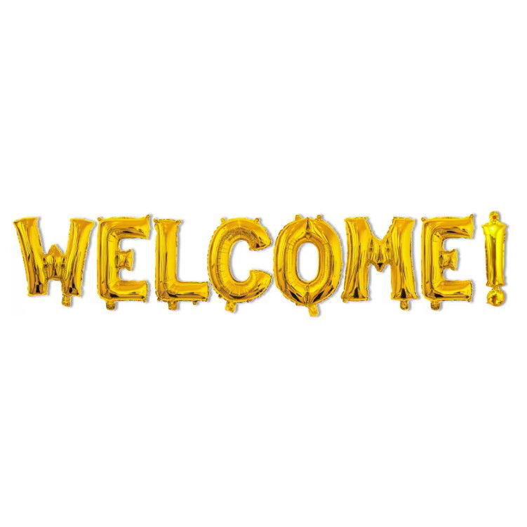 Set Baloane din Folie Metalizata, Flippy, Model WELCOME!, Litere de 40 cm, Baloane Party, Ambalaj Individual, Pai Inclus, Umflare cu Aer sau Heliu, Auriu [1]