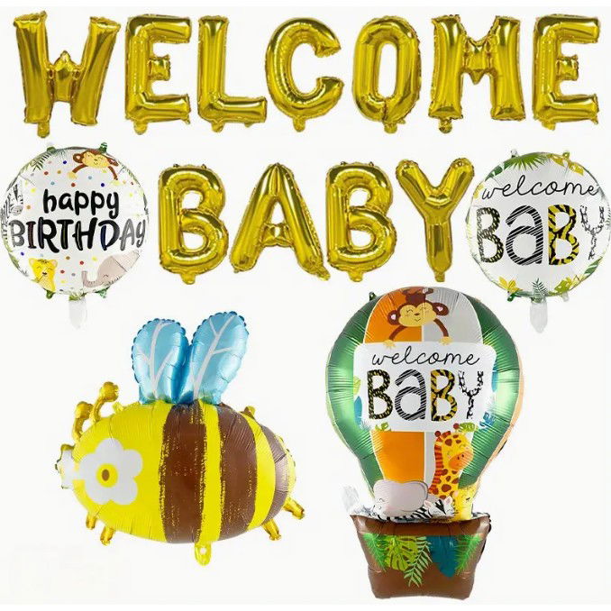 Set Baloane din Folie Metalizata, Flippy, Model Welcome Baby, Litere de 40 cm, Baloane Party, Ambalaj Individual, Pai, Ata si Adeziv Incluse, Umflare cu Aer sau Heliu, Auriu [5]