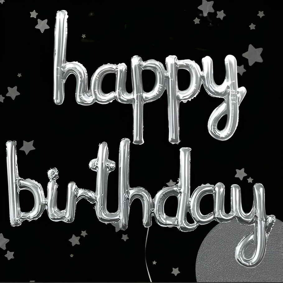 Set Baloane din Folie Metalizată, Flippy, Model Happy Birthday, 45x85 cm, 45x124cm, Baloane Party, Ambalaj Individual, Pai inclus, Umflare cu Aer sau Heliu, Argintiu [3]