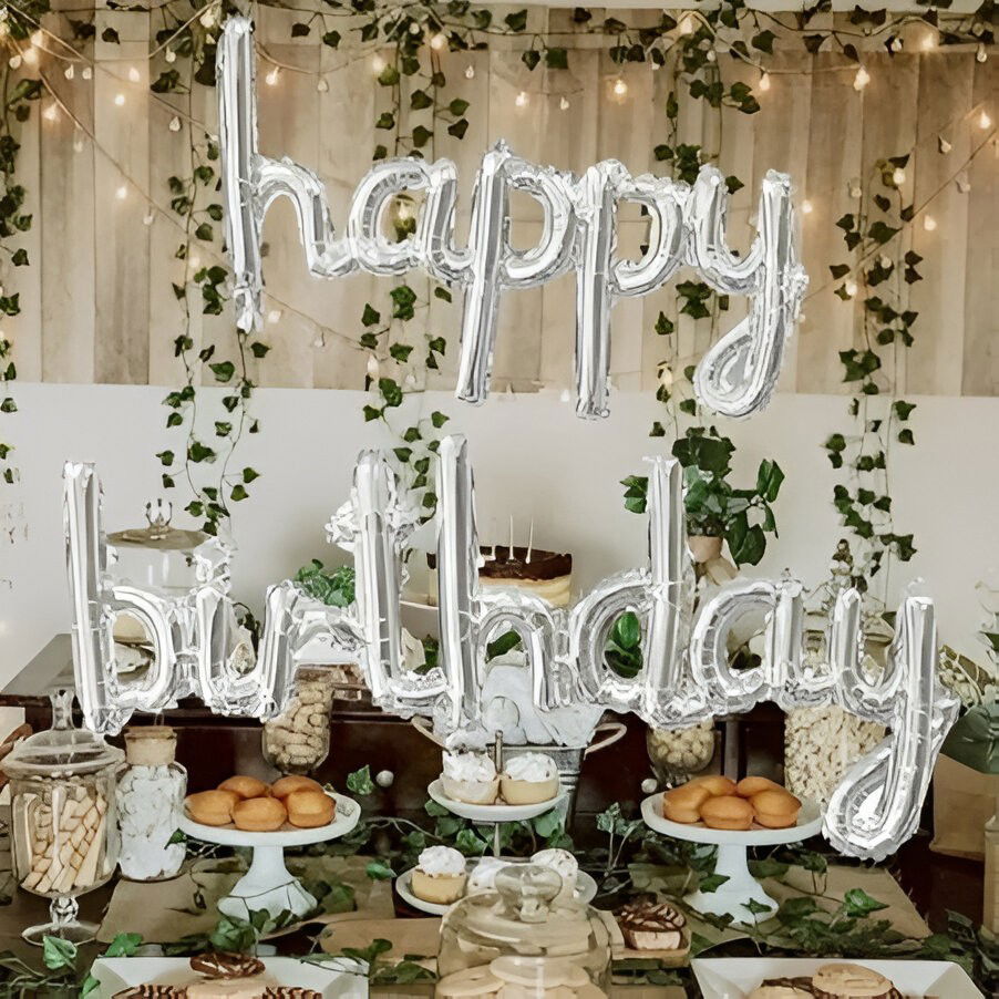 Set Baloane din Folie Metalizată, Flippy, Model Happy Birthday, 45x85 cm, 45x124cm, Baloane Party, Ambalaj Individual, Pai inclus, Umflare cu Aer sau Heliu, Argintiu [4]