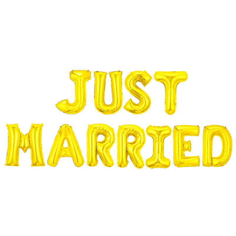 Tematica Nunta - Set Baloane din Folie Metalizata, Flippy, Model Just Married, Litere de 40 cm, Baloane Party, Ambalaj Individual, Pai, Ata si Adeziv Incluse, Umflare cu Aer sau Heliu, Auriu