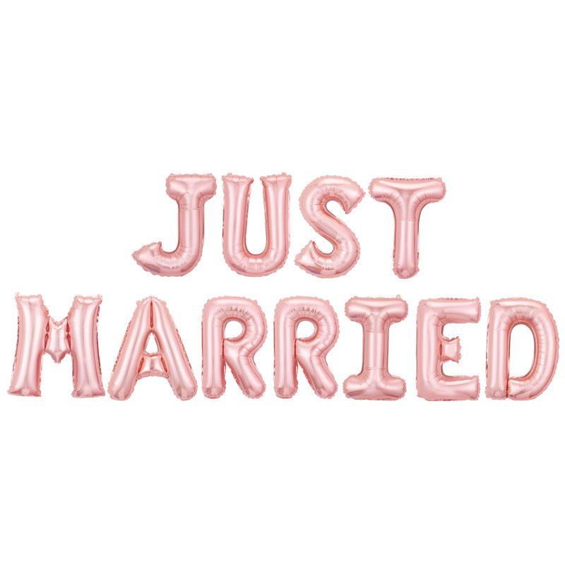 Tematica Nunta - Set Baloane din Folie Metalizata, Flippy, Model Just Married, Litere de 40 cm, Baloane Party, Ambalaj Individual, Pai, Ata si Adeziv Incluse, Umflare cu Aer sau Heliu, Roz