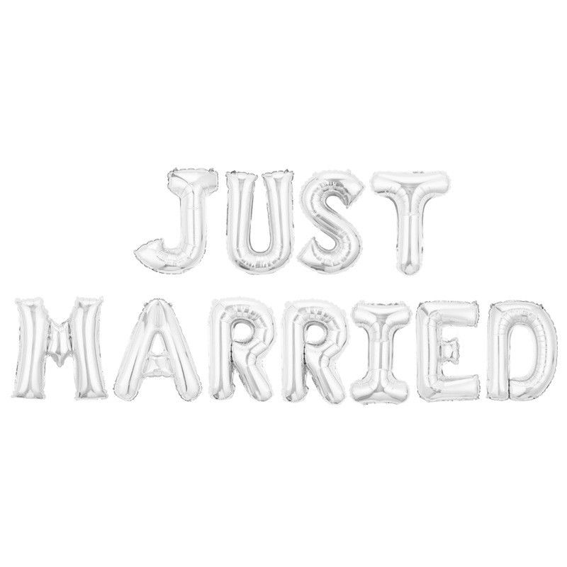 Tematica Nunta - Set Baloane din Folie Metalizata, Flippy, Model Just Married, Litere de 40 cm, Baloane Party, Ambalaj Individual, Pai, Ata si Adeziv Incluse, Umflare cu Aer sau Heliu, Argintiu