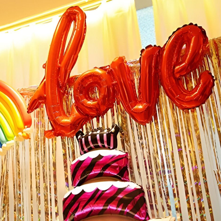 Seturi Baloane Folie - Set Baloane din Folie Metalizata, Model Love Scris de Mana, 102x65 cm, Baloane Ziua Indragostitilor, Ambalaj Individual, Pai inclus, Umflare cu Aer sau Heliu, Roșu