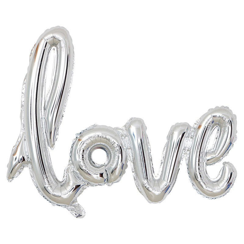 Seturi Baloane Folie - Set Baloane din Folie Metalizata, Model Love Scris de Mana, 102x65 cm, Baloane Ziua Indragostitilor, Ambalaj Individual, Pai inclus, Umflare cu Aer sau Heliu, Argintiu