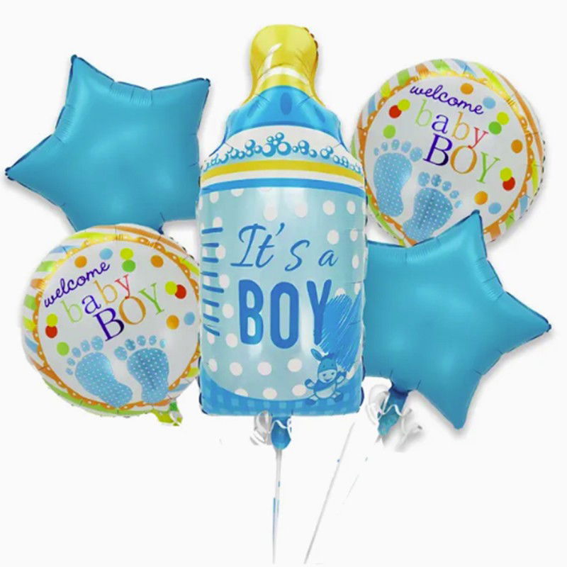 Tematica Fata/Baiat - Baloane decorative GENDER REVEAL PARTY, Flippy, Figurina Sticluta, Model IT'S A BOY, Set din 5 baloane, 40 x 77 cm, pentru Botez, Albastru