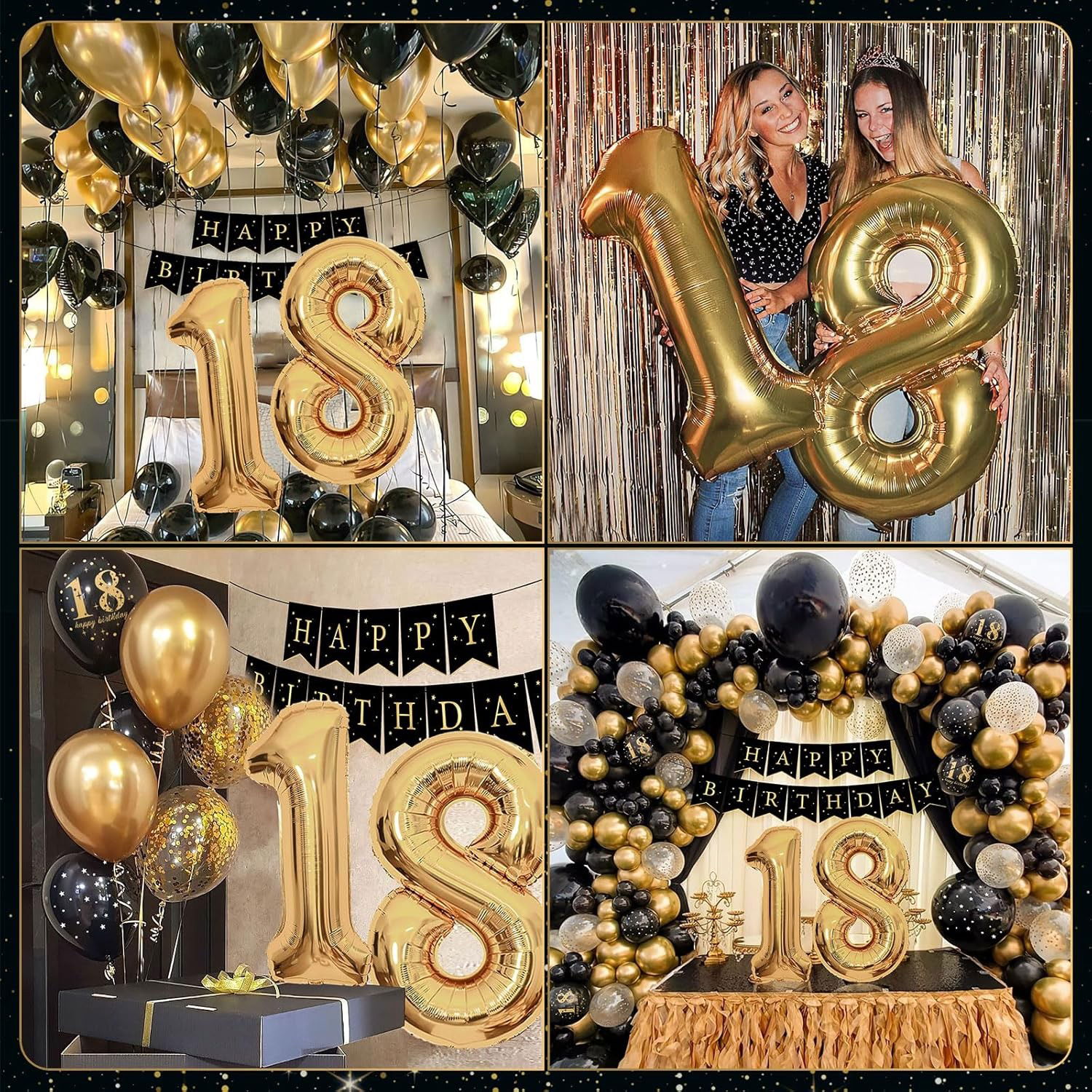 Set Baloane Folie si Latex, Flippy, Tematica Aniversare Majorat, Baloane Latex, Figurine Cifrele 1 si 8, Ambalaj Individual, Pai Inclus, Umflare cu Aer sau Heliu, Auriu Negru [3]