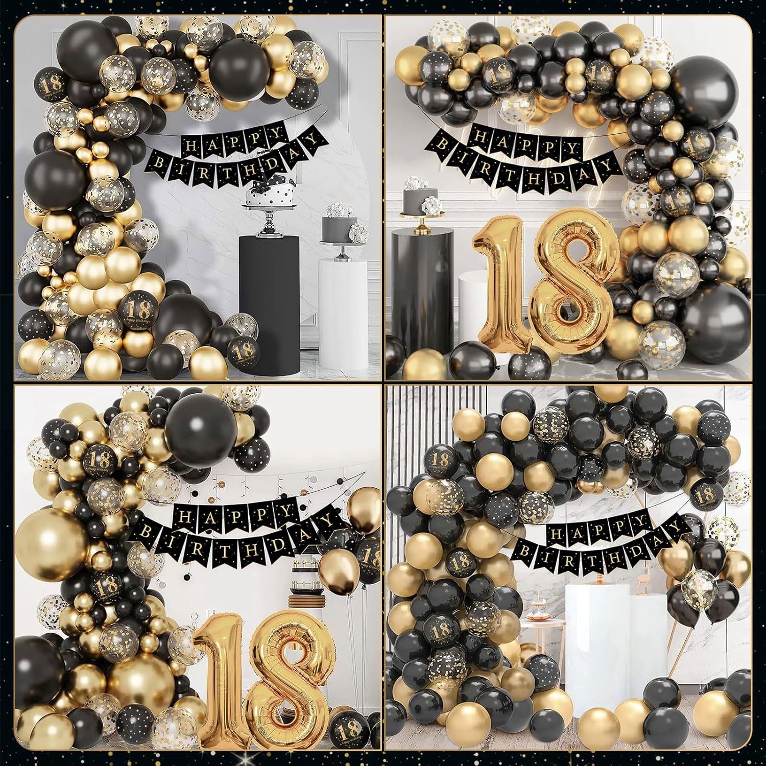 Set Baloane Folie si Latex, Flippy, Tematica Aniversare Majorat, Baloane Latex, Figurine Cifrele 1 si 8, Ambalaj Individual, Pai Inclus, Umflare cu Aer sau Heliu, Auriu Negru [5]