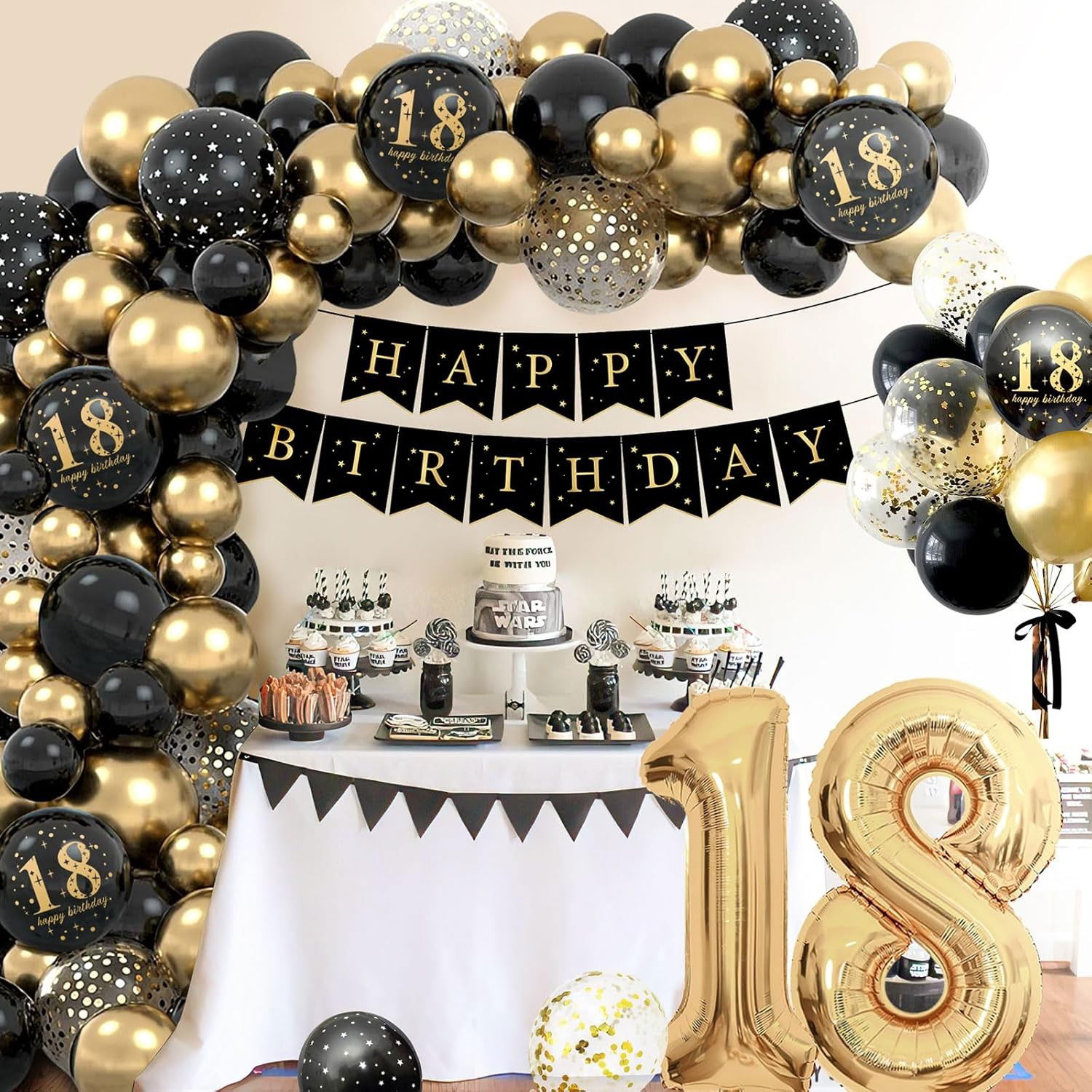 Set Baloane Folie si Latex, Flippy, Tematica Aniversare Majorat, Baloane Latex, Figurine Cifrele 1 si 8, Ambalaj Individual, Pai Inclus, Umflare cu Aer sau Heliu, Auriu Negru [4]