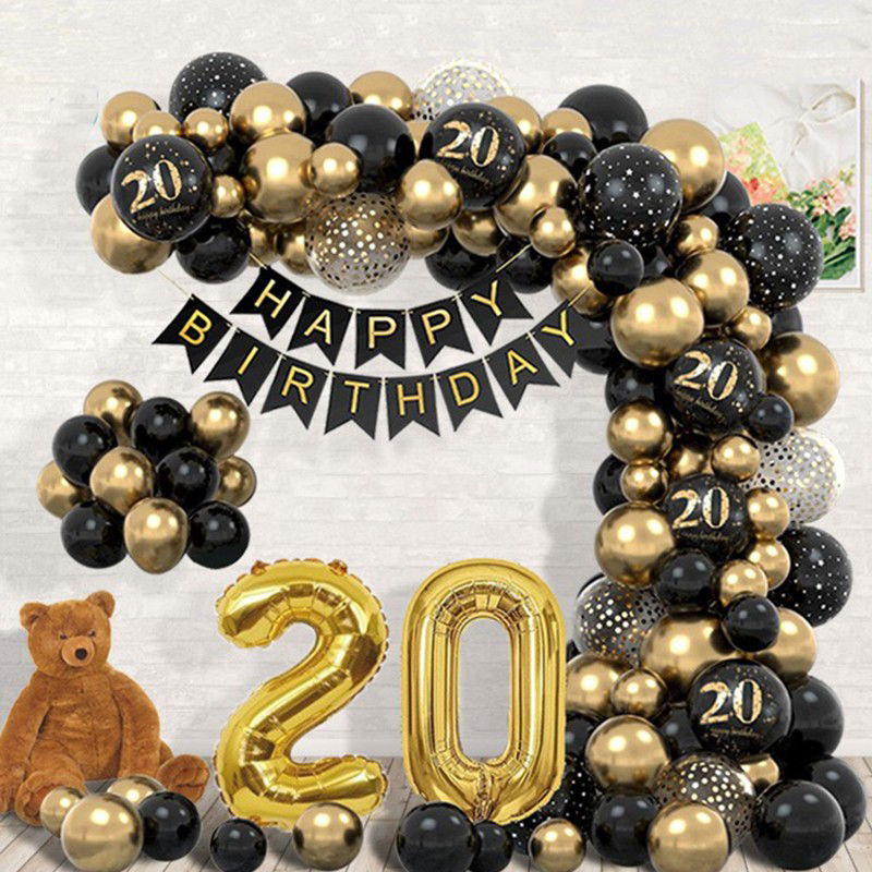 50 - 100 LEI - Set Baloane Folie si Latex, Flippy, Tematica Aniversare, Baloane Latex, Figurine Cifrele 2 si 0, Ambalaj Individual, Pai Inclus, Umflare cu Aer sau Heliu, Auriu Negru