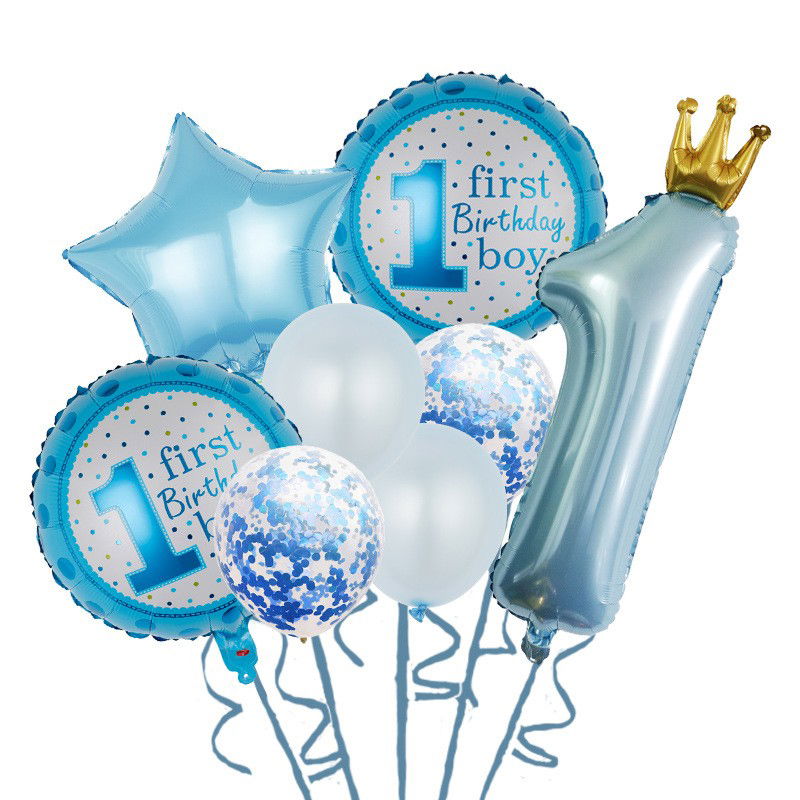 Tematica Fata/Baiat - Set 8 Baloane din Folie Metalizată si din Latex, Flippy, Figurine Cifra 1 Printesa 91cm, Stea 45 cm si Cerc 55 cm, Baloane Latex 30 cm, Tema Prima Aniversare, Ambalaj Individual, Pai Inclus, Umflare c