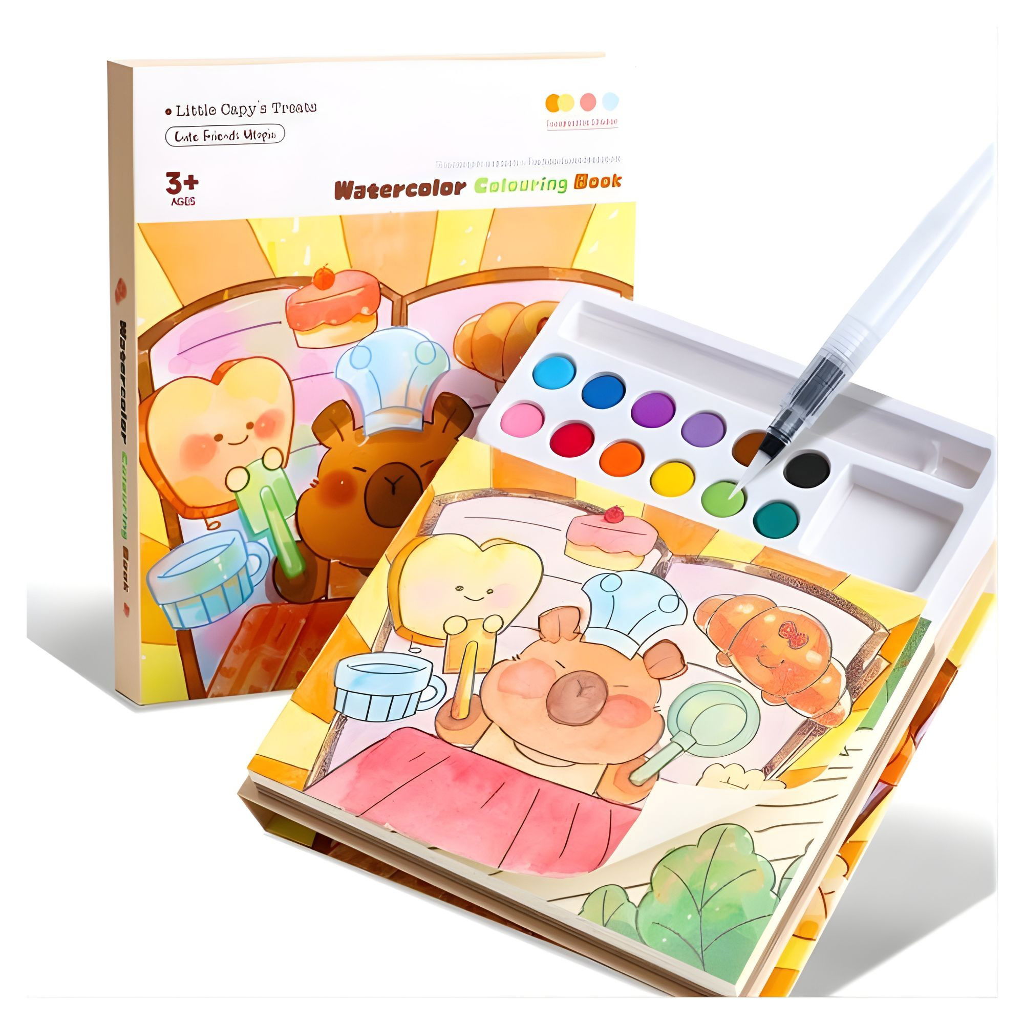 Markere si Set Desen - Set Carte de Colorat cu Acuarela, Flippy, Model Capibara, 20 Foi de Carton 200 gr, 12 Culori, 1 Pensula, 15.7 x 18.8 x 1.8 cm, Maro