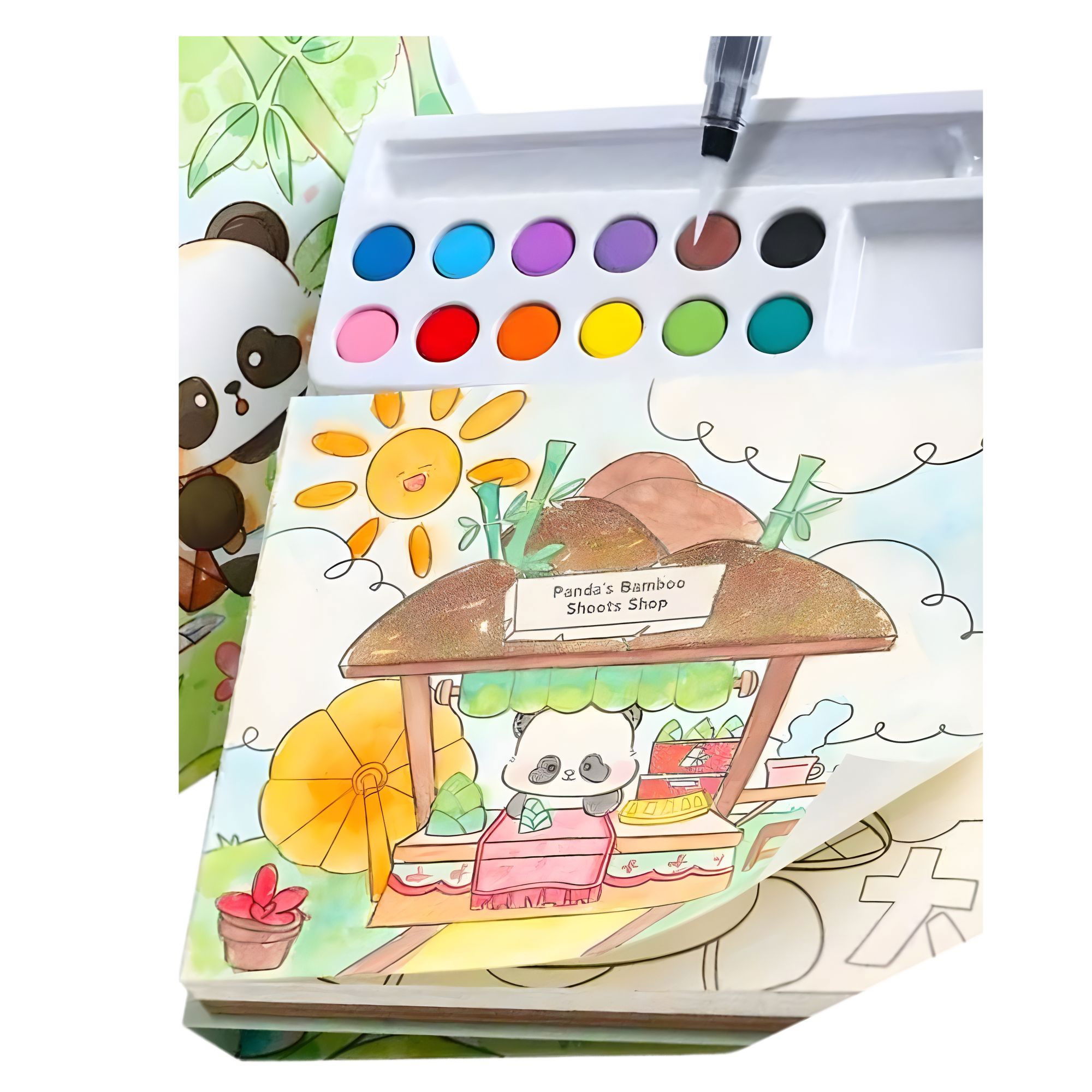 Set Carte de Colorat cu Acuarela, Flippy, Model Panda, 20 Foi de Carton 200 gr, 12 Culori, 1 Pensula, 15.7 x 18.8 x 1.8 cm, Verde [4]