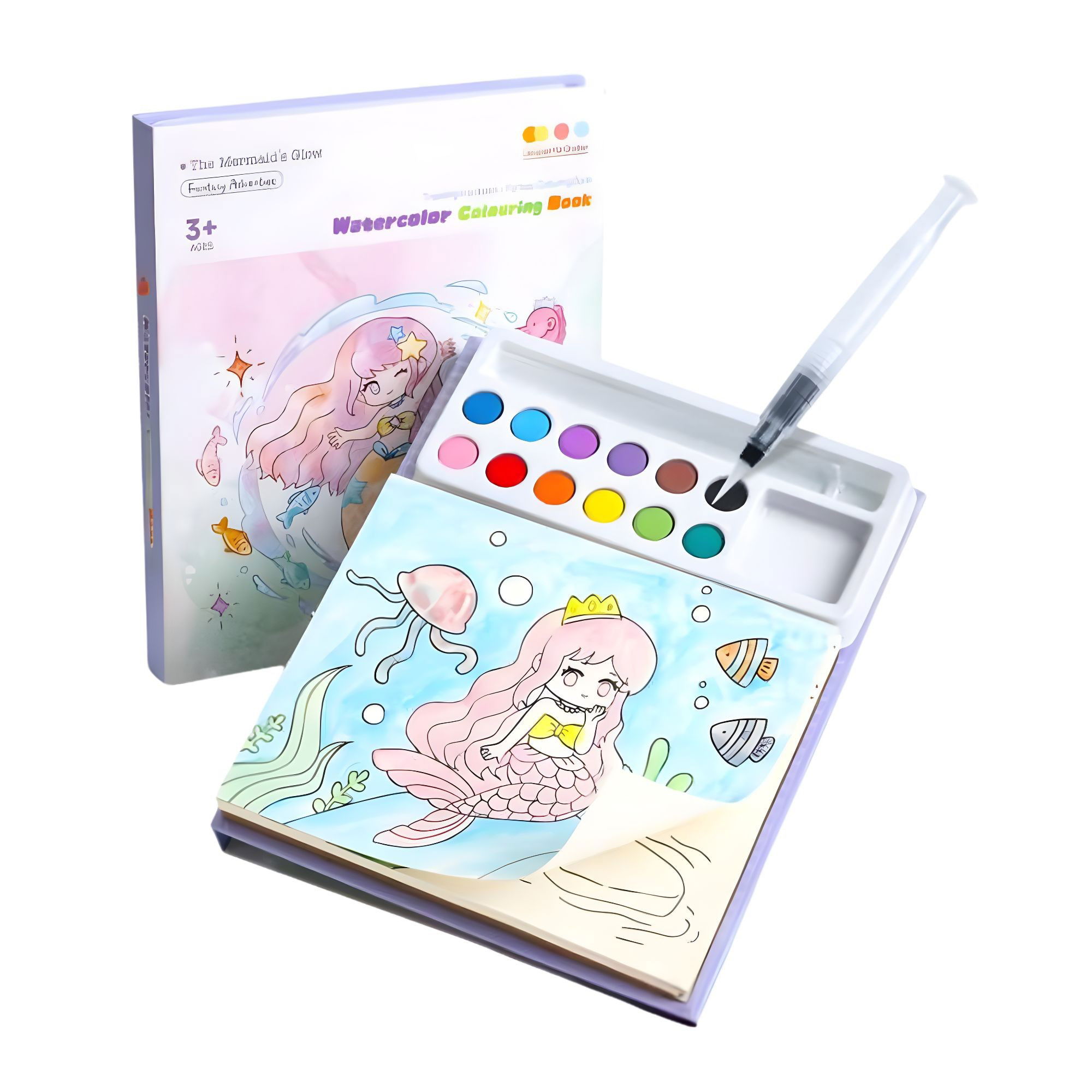 Markere si Set Desen - Set Carte de Colorat cu Acuarela, Flippy, Model Sirena, 20 Foi de Carton 200 gr, 12 Culori, 1 Pensula, 15.7 x 18.8 x 1.8 cm, Roz