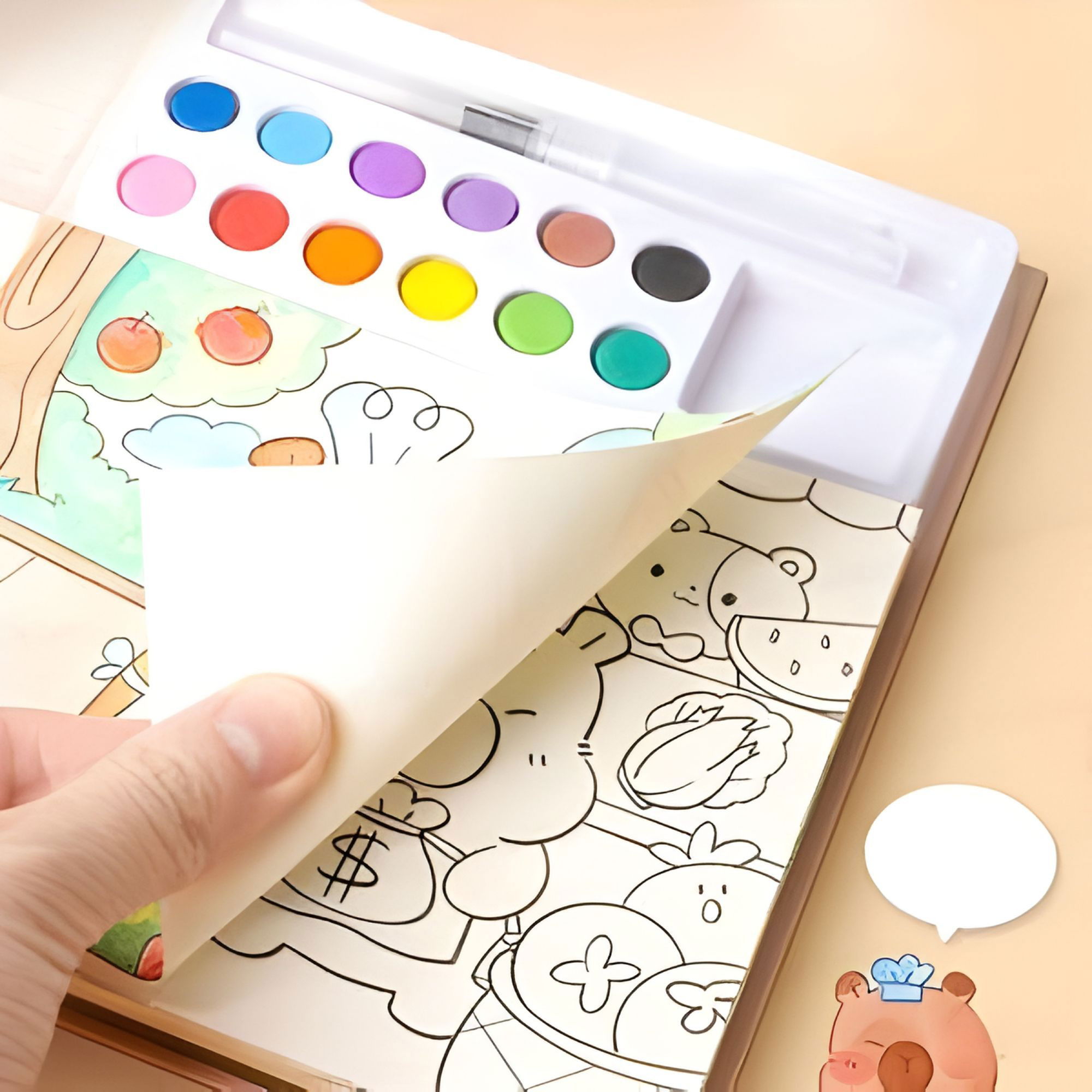 Markere si Set Desen - Set Carte de Colorat cu Acuarela, Flippy, Model Capibara, 20 Foi de Carton 200 gr, 12 Culori, 1 Pensula, 15.7 x 18.8 x 1.8 cm, Maro