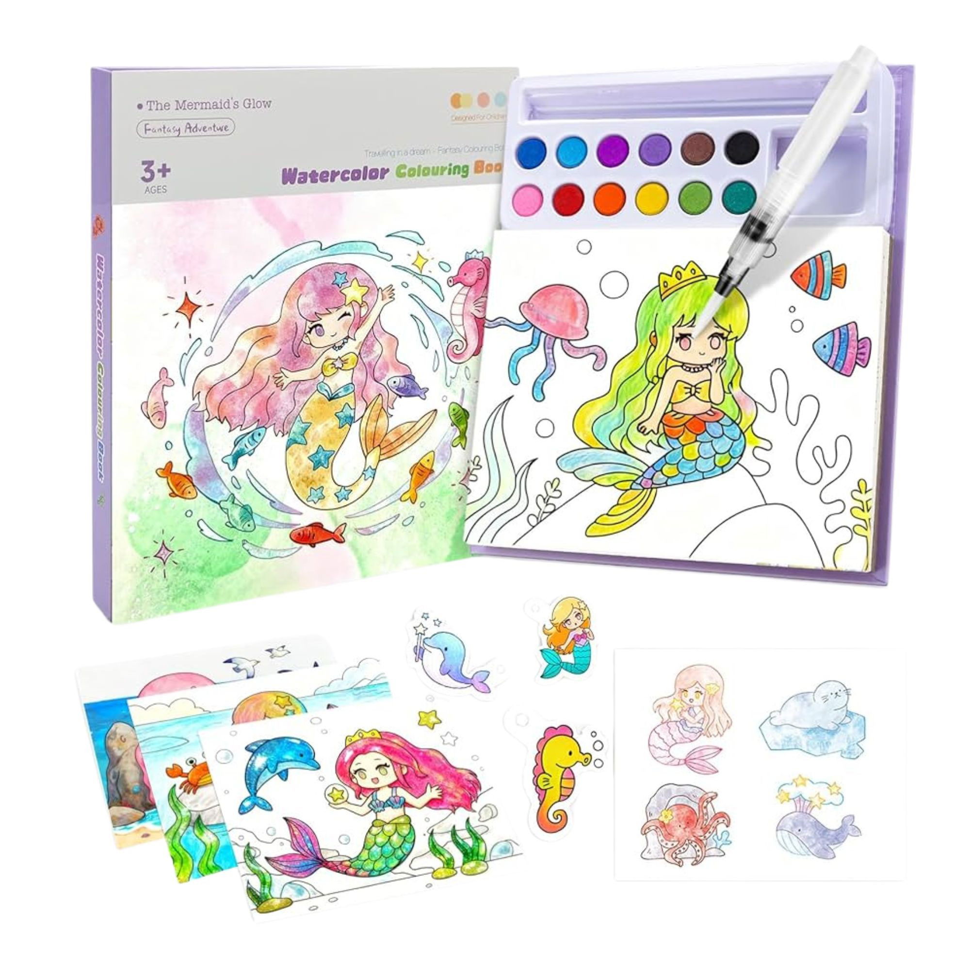 Set Carte de Colorat cu Acuarela, Flippy, Model Sirena, 20 Foi de Carton 200 gr, 12 Culori, 1 Pensula, 15.7 x 18.8 x 1.8 cm, Roz [3]