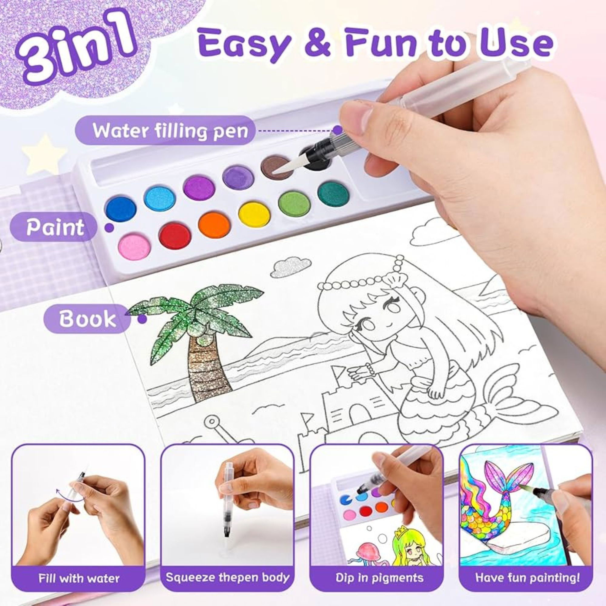 Markere si Set Desen - Set Carte de Colorat cu Acuarela, Flippy, Model Sirena, 20 Foi de Carton 200 gr, 12 Culori, 1 Pensula, 15.7 x 18.8 x 1.8 cm, Roz