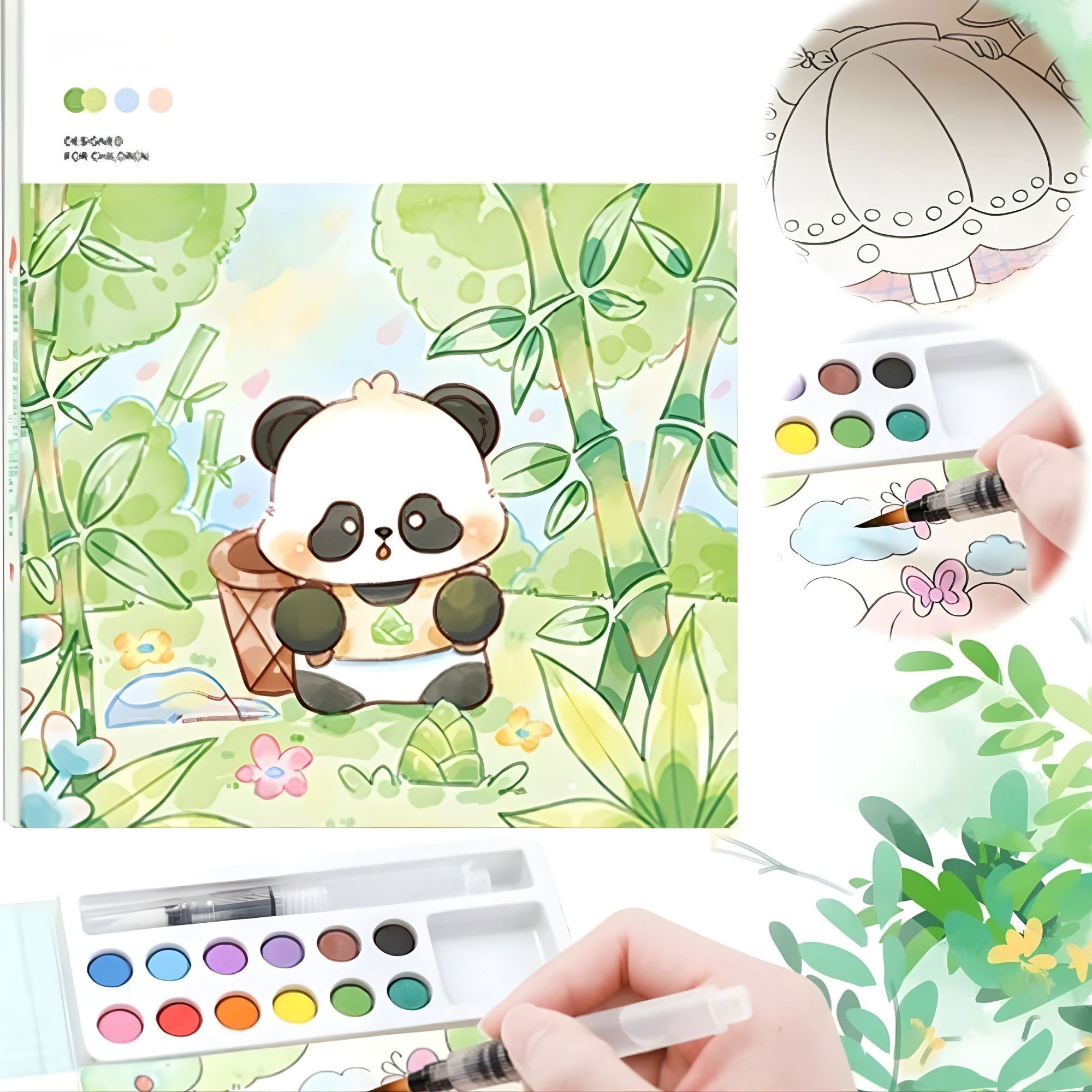 Markere si Set Desen - Set Carte de Colorat cu Acuarela, Flippy, Model Panda, 20 Foi de Carton 200 gr, 12 Culori, 1 Pensula, 15.7 x 18.8 x 1.8 cm, Verde