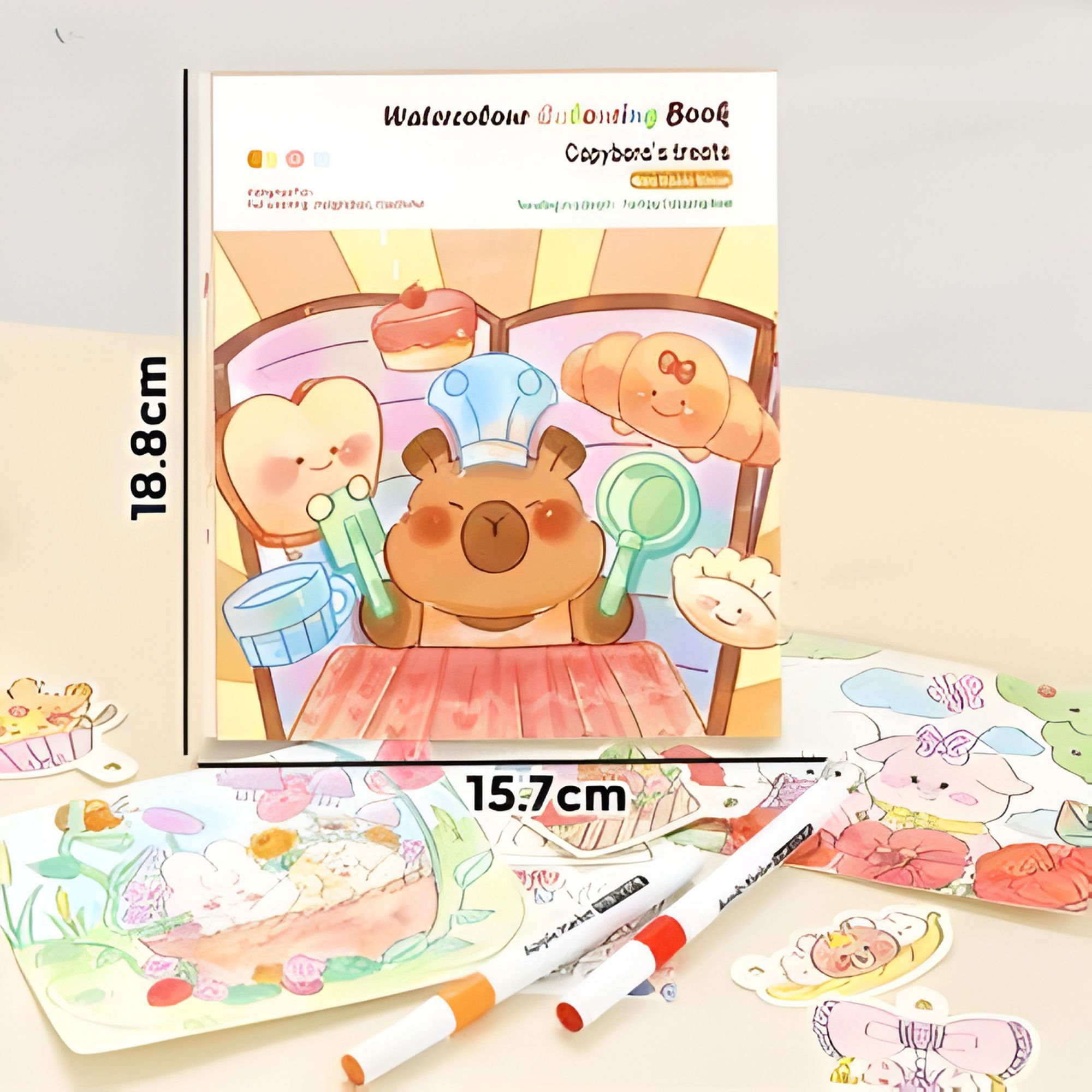 Set Carte de Colorat cu Acuarela, Flippy, Model Capibara, 20 Foi de Carton 200 gr, 12 Culori, 1 Pensula, 15.7 x 18.8 x 1.8 cm, Maro [3]