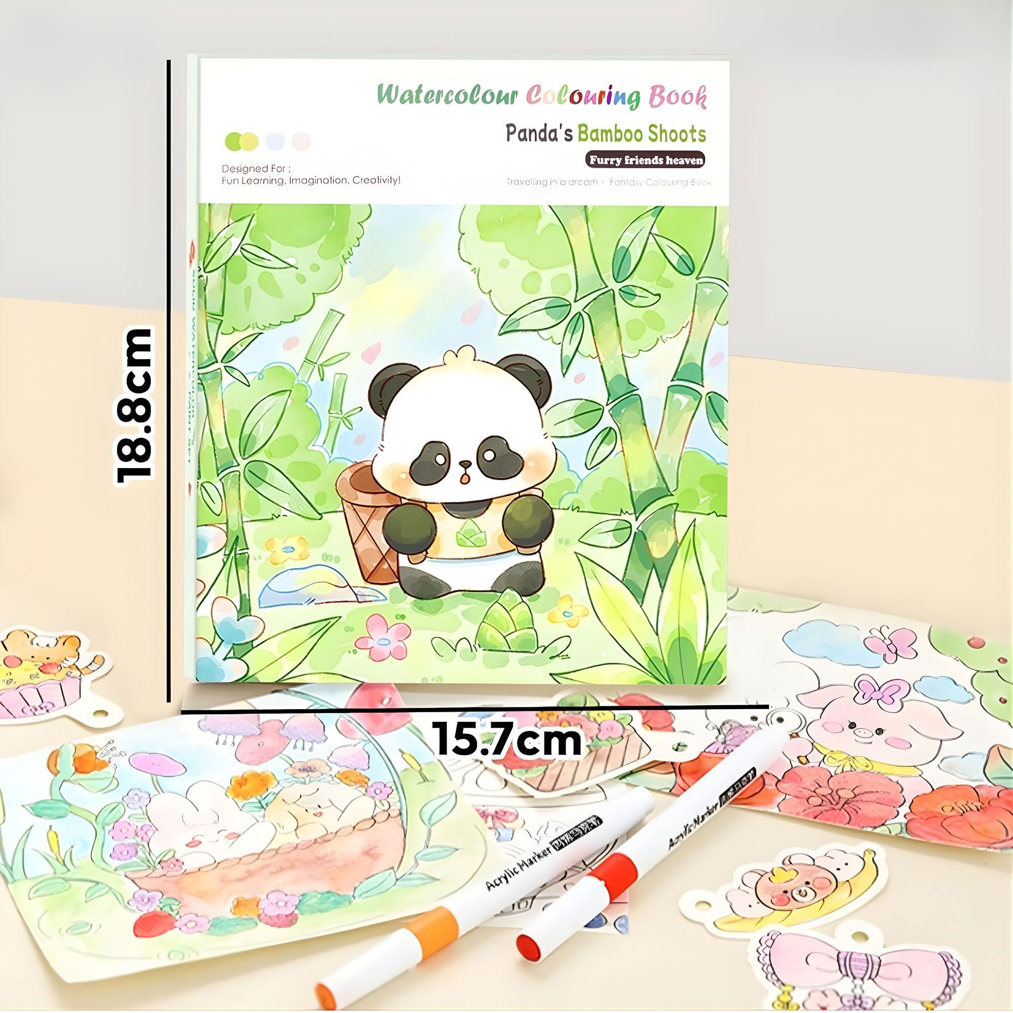 Set Carte de Colorat cu Acuarela, Flippy, Model Panda, 20 Foi de Carton 200 gr, 12 Culori, 1 Pensula, 15.7 x 18.8 x 1.8 cm, Verde [3]