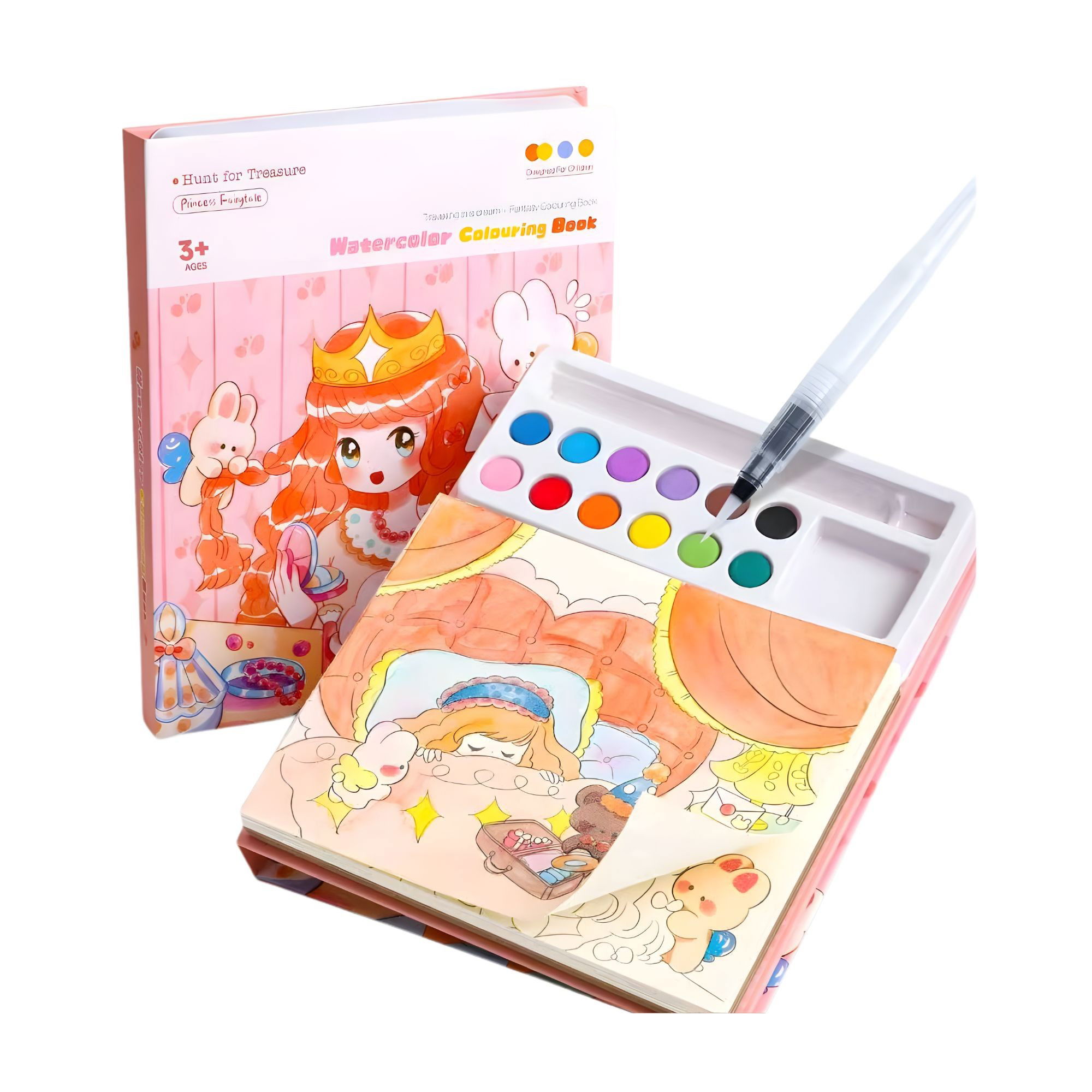 Markere si Set Desen - Set Carte de Colorat cu Acuarela, Flippy, Model Printesa, 20 Foi de Carton 200 gr, 12 Culori, 1 Pensula, 15.7 x 18.8 x 1.8 cm, Roz deschis