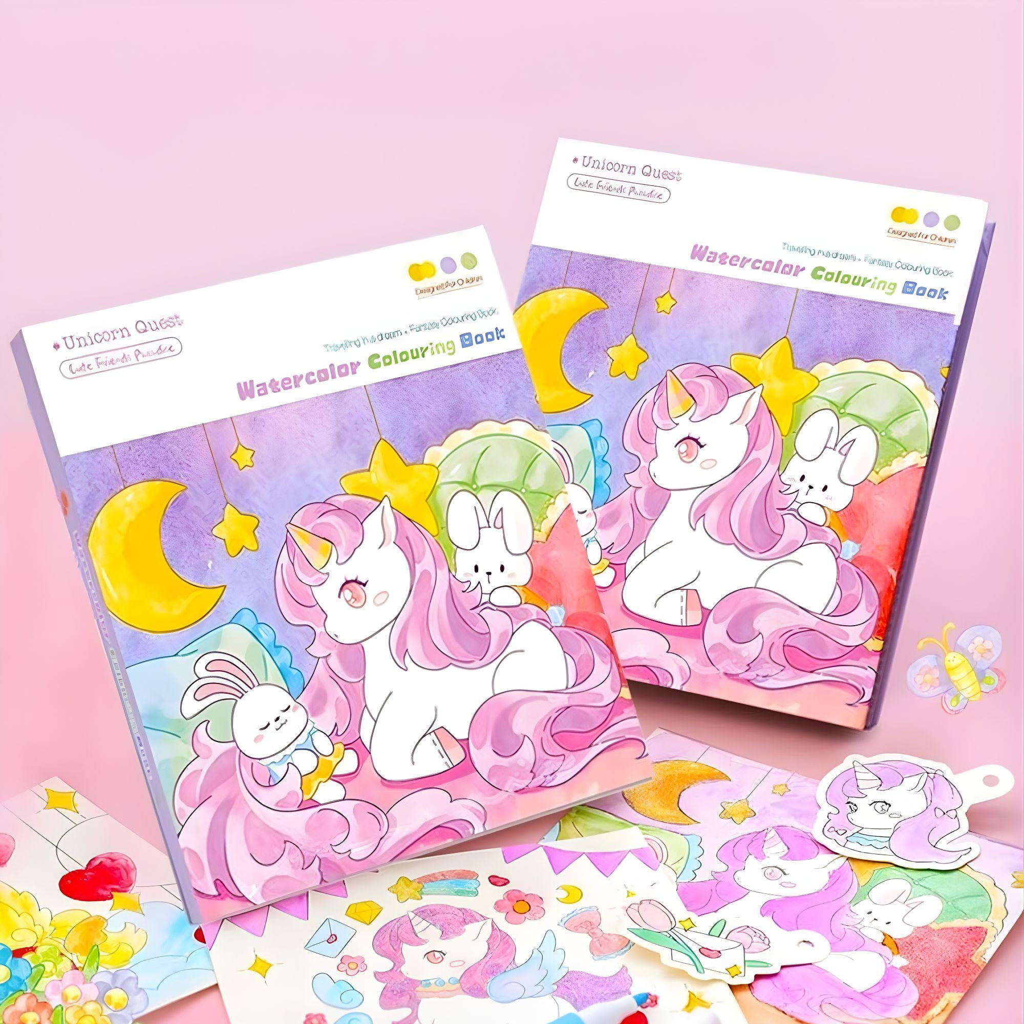 Set Carte de Colorat cu Acuarela, Flippy, Model Unicorn, 20 Foi de Carton 200 gr, 12 Culori, 1 Pensula, 15.7 x 18.8 x 1.8 cm, Mov [5]