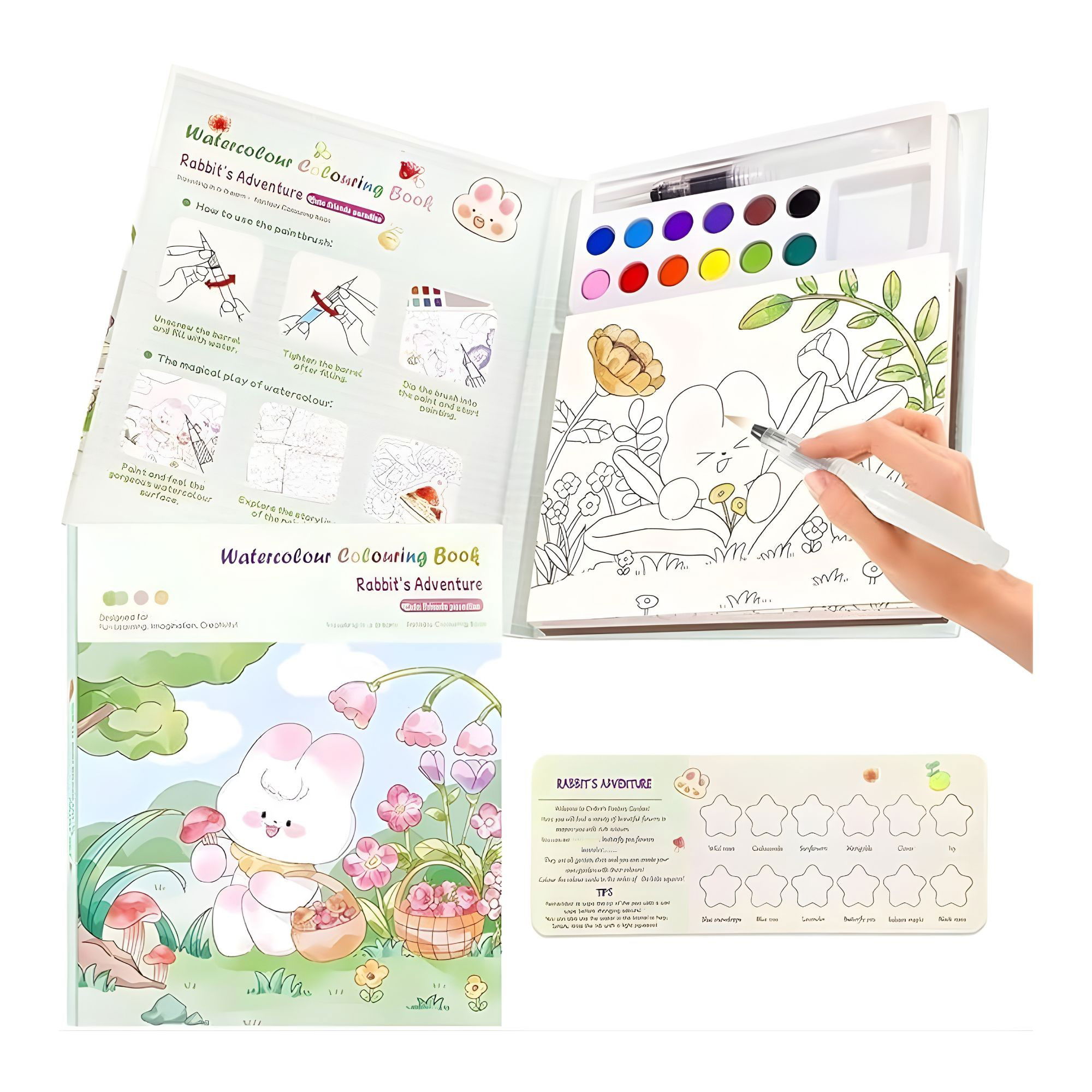 Set Carte de Colorat cu Acuarela, Flippy, Model Iepure, 20 Foi de Carton 200 gr, 12 Culori, 1 Pensula, 15.7 x 18.8 x 1.8 cm, Alb [3]