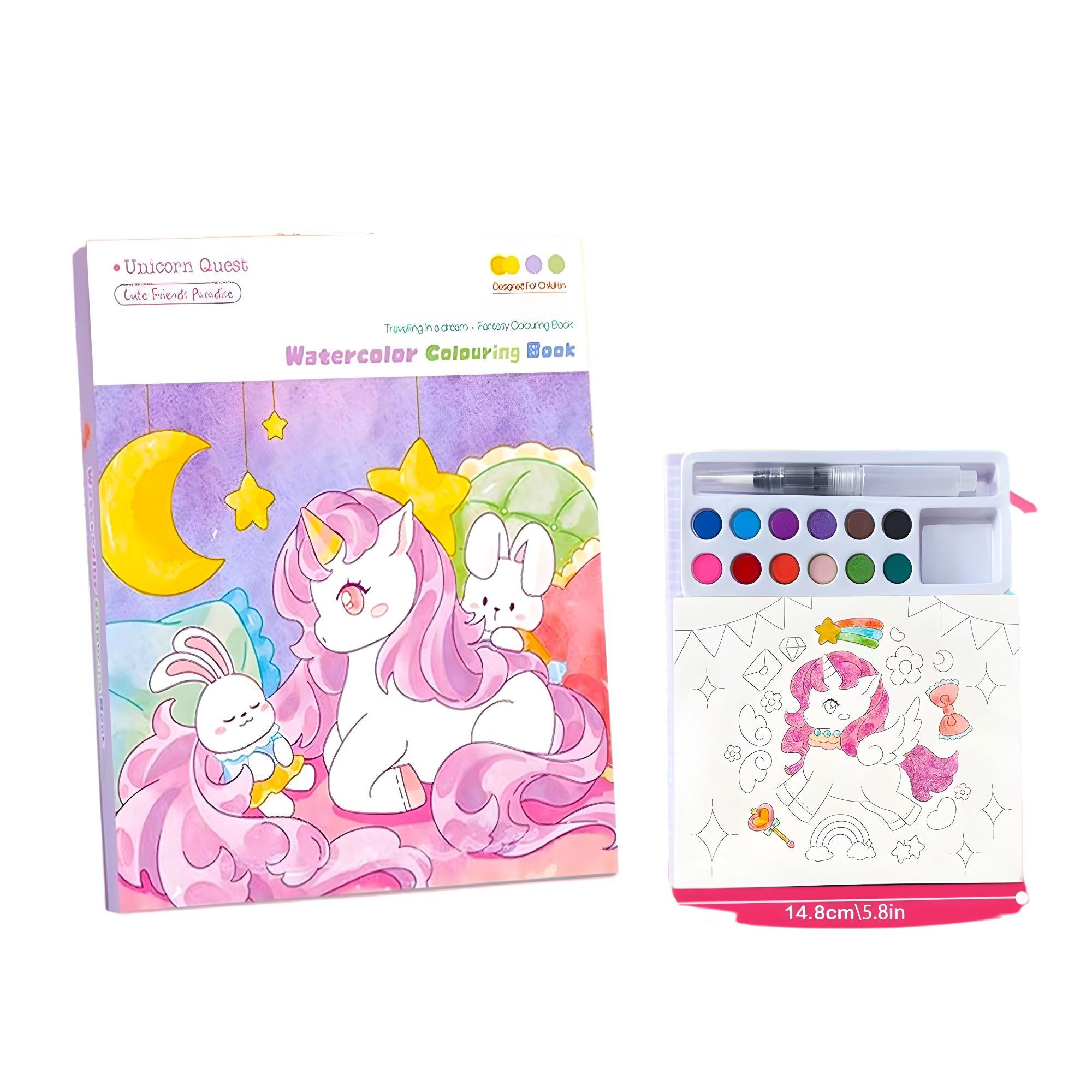 Markere si Set Desen - Set Carte de Colorat cu Acuarela, Flippy, Model Unicorn, 20 Foi de Carton 200 gr, 12 Culori, 1 Pensula, 15.7 x 18.8 x 1.8 cm, Mov